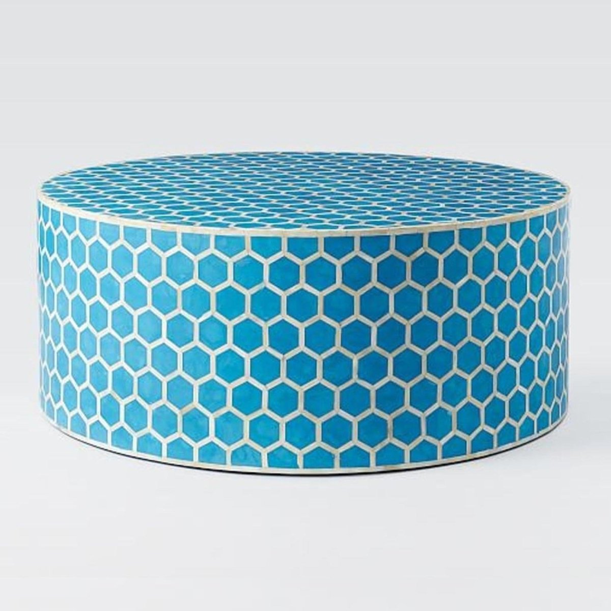 Handmade Bone Inlay Round Coffee Table with Honeycomb Design - Blue Boho Chic Home Decor for Living Room, Lounge & Office