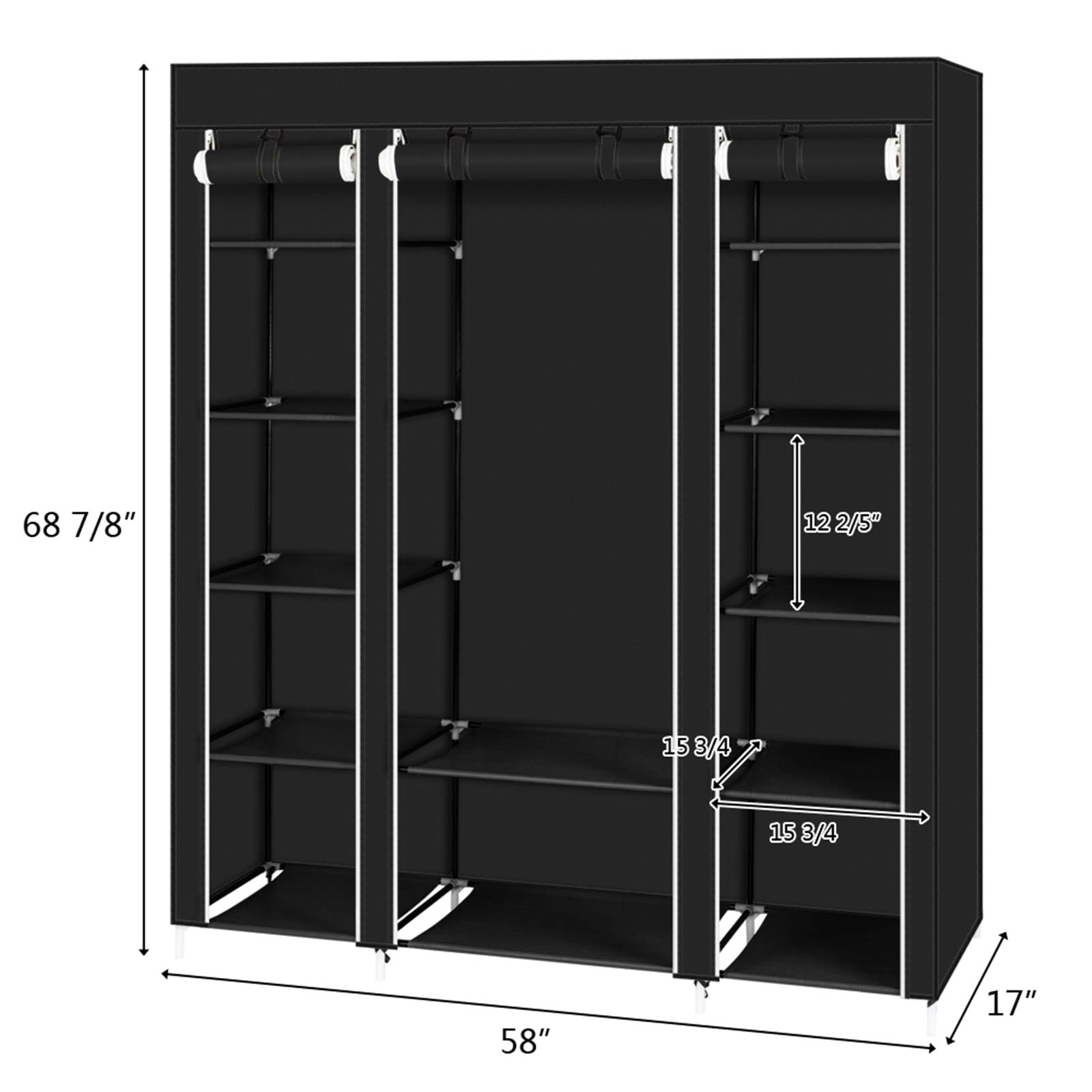 Portable Closet with Metal Shelves & Dustproof Cover - Large Wardrobe Organizer for Clothes Storage | Perfect for Small Spaces, Dorm Rooms & Seasonal Clothing Organization (Black)