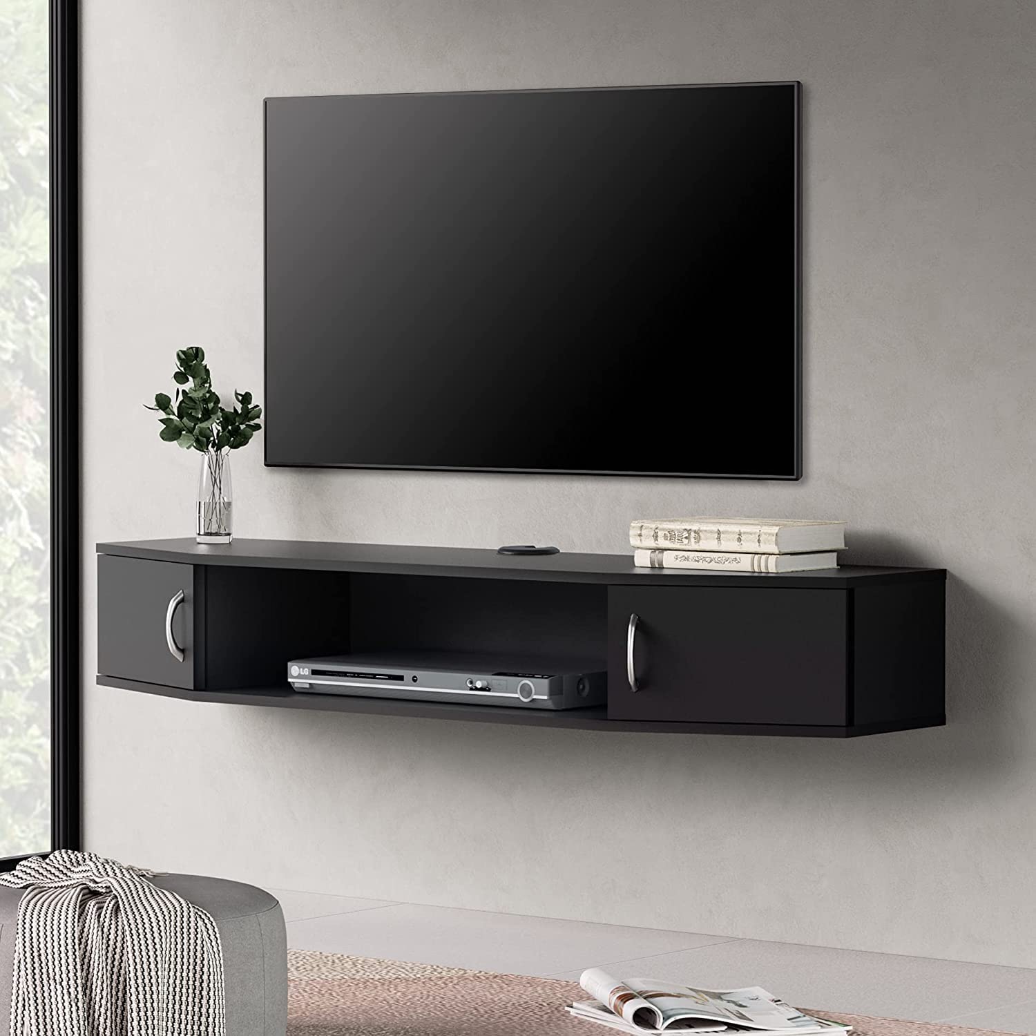 FITUEYES Floating TV Stand with LED Lights - Wall Mounted Wood Media Console, Under TV Entertainment Center, Storage Cabinet Hutch Desk for Living Room & Office - Black Single Layer (Perfect for Modern Home & Workspace Setup)
