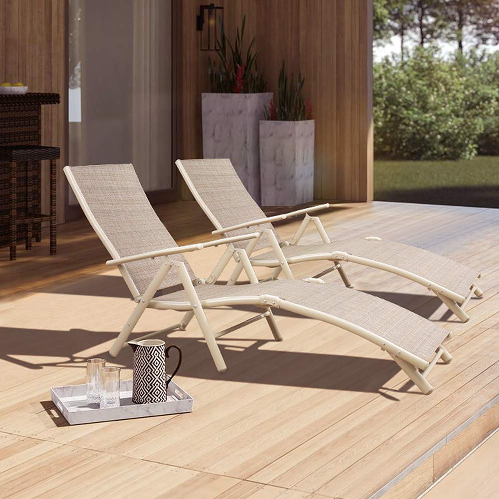 Devoko Adjustable Recliner Lounge Chairs Set of 2 - Outdoor Patio Chaise Lounge, Foldable Poolside Sunbathing Chair for Garden, Beach & Backyard (Beige) | Perfect for Relaxing by the Pool, Reading in the Garden or Sunbathing at the Beach