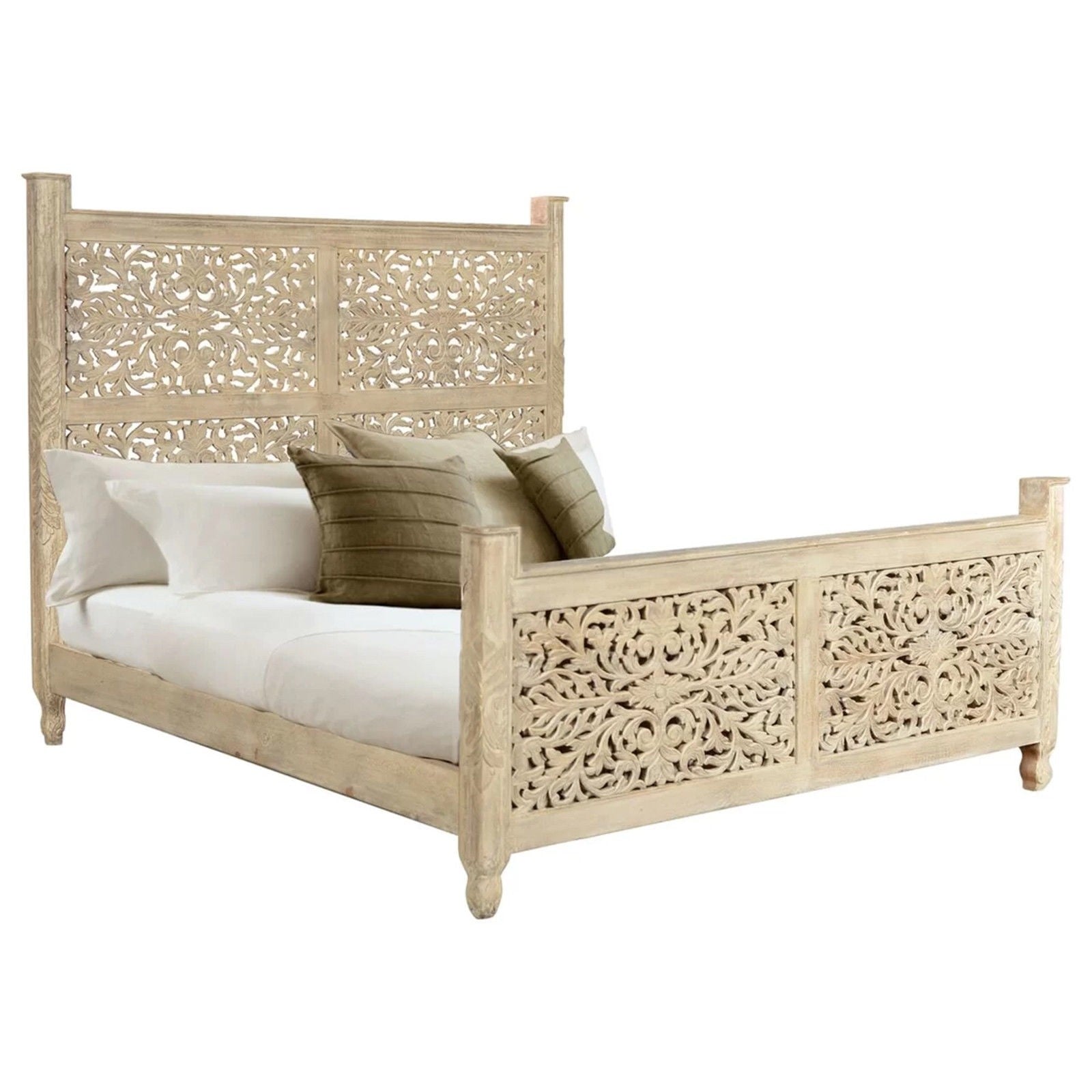 Hand Carved Solid Wood Emily Bed Frame - Indian Teak Finish, White | Perfect for Master Bedroom, Guest Room & Modern Farmhouse Decor