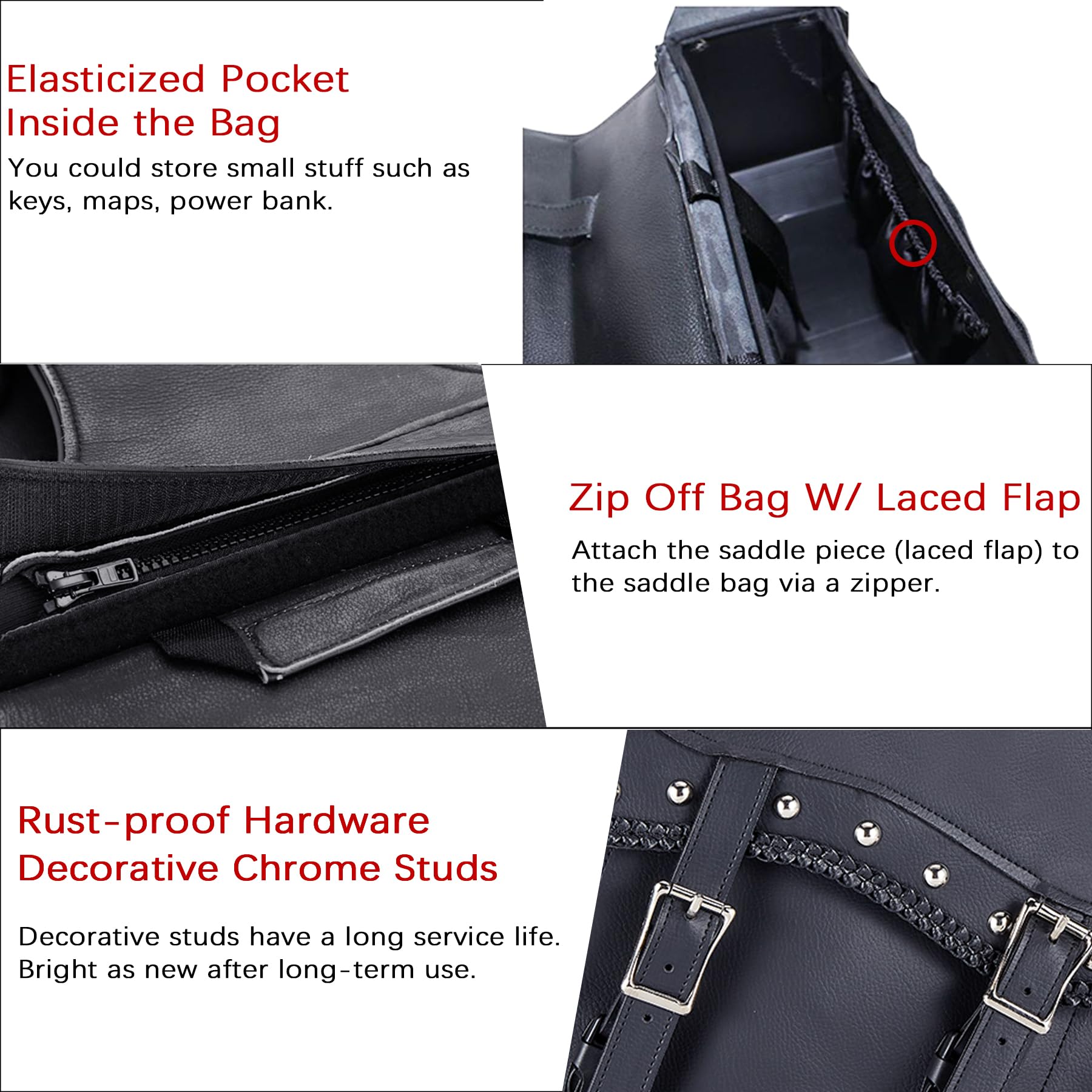 **Dream Apparel Faux Leather Motorcycle Saddle Bags with Studs - Throw Over PVC Side Bags for Honda Shadow, Sportster, Softail, Dyna, V-Star (Black) - Perfect for Cruiser & Touring Bikes**