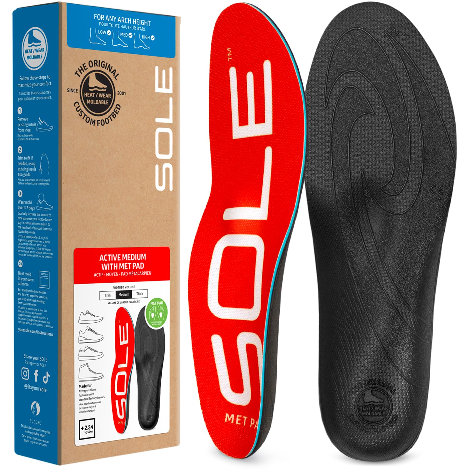 SOLE Active Medium Shoe Insoles with Metatarsal Pads - Arch Support & Pain Relief for Men (Size 8) & Women (Size 10) - Perfect for Running, Walking & Work Shoes
