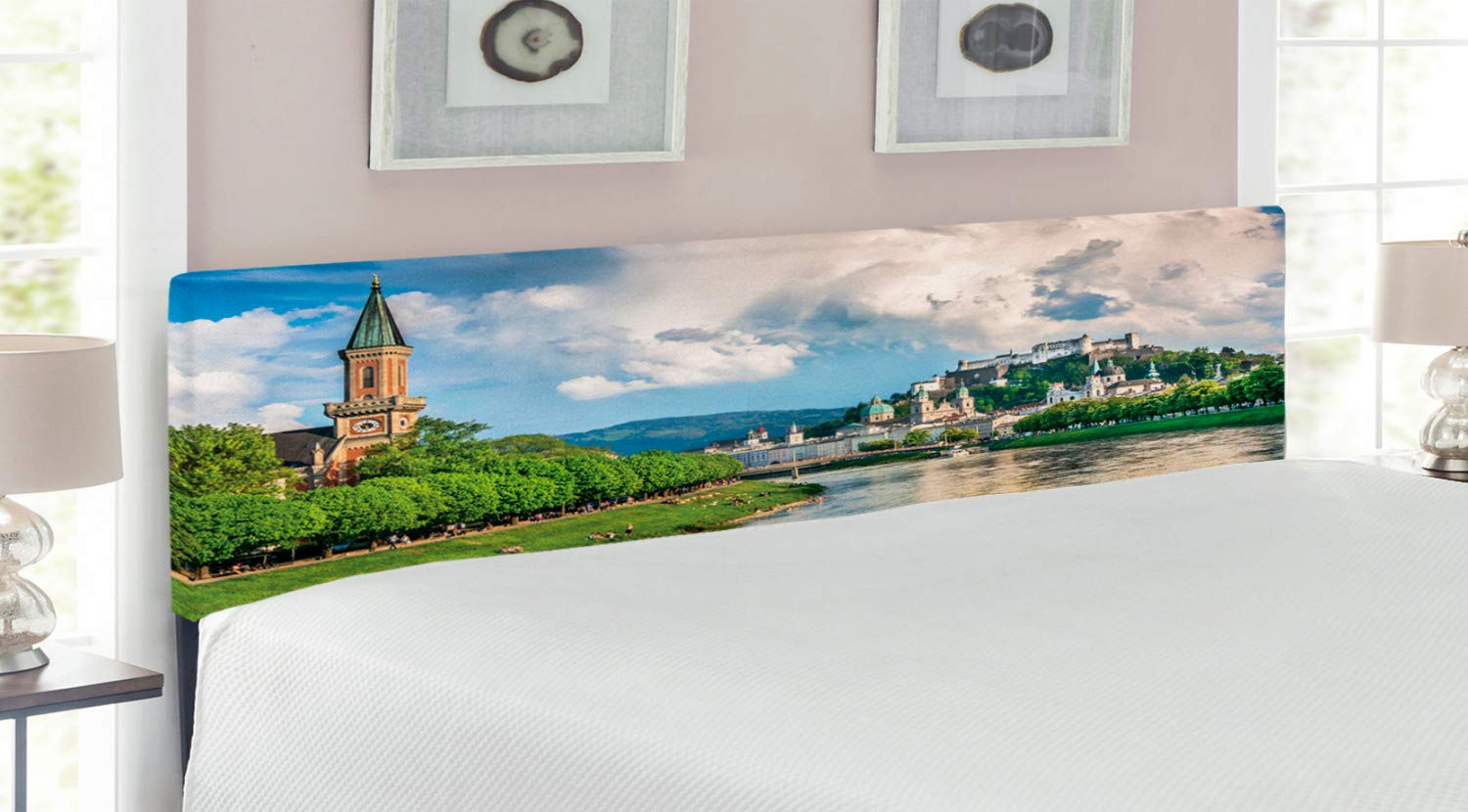 Ambesonne European King Size Upholstered Headboard - Historic Salzburg Landscape Print with Cloudy Sky & River, Decorative Metal Bed Frame with Memory Foam, Multicolor | Perfect for Bedroom Decor, Guest Rooms & Luxury Hotel Style