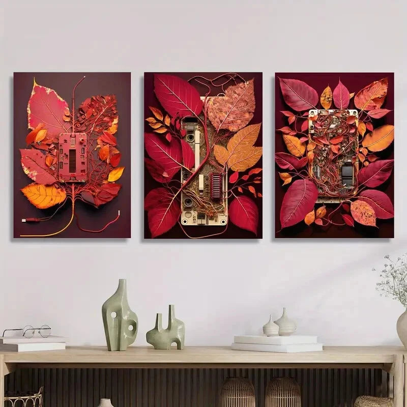 3pcs Red Circuit Board with Leaves Metal Print - Ready to Hang Wall Art Decor for Home Office, Living Room & Tech Enthusiast Gifts