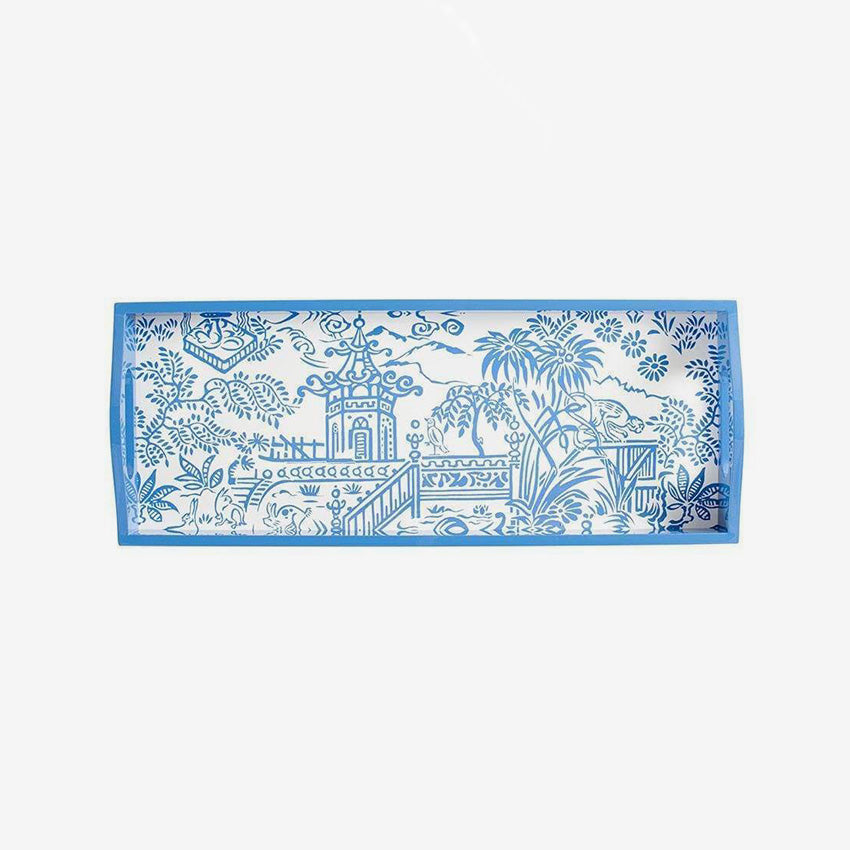 Caspari Pagoda Toile Blue Lacquer Bar Tray - Elegant Serving Tray for Cocktails, Drinks & Home Decor | Perfect for Entertaining, Parties & Luxury Home Accessories
