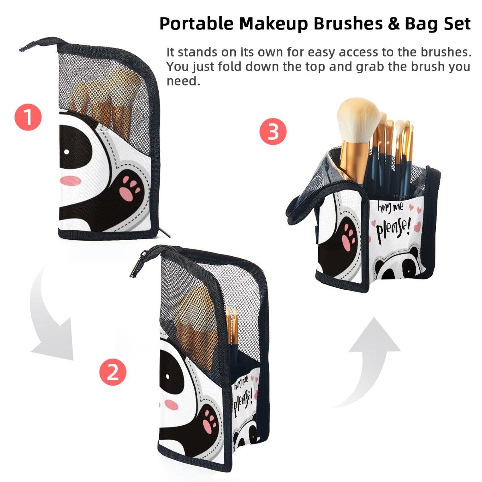 Portable Panda Bear Makeup Brush Organizer Bag with 12 Brush Holder - Perfect for Travel, Home Vanity & Professional Makeup Artist Kit