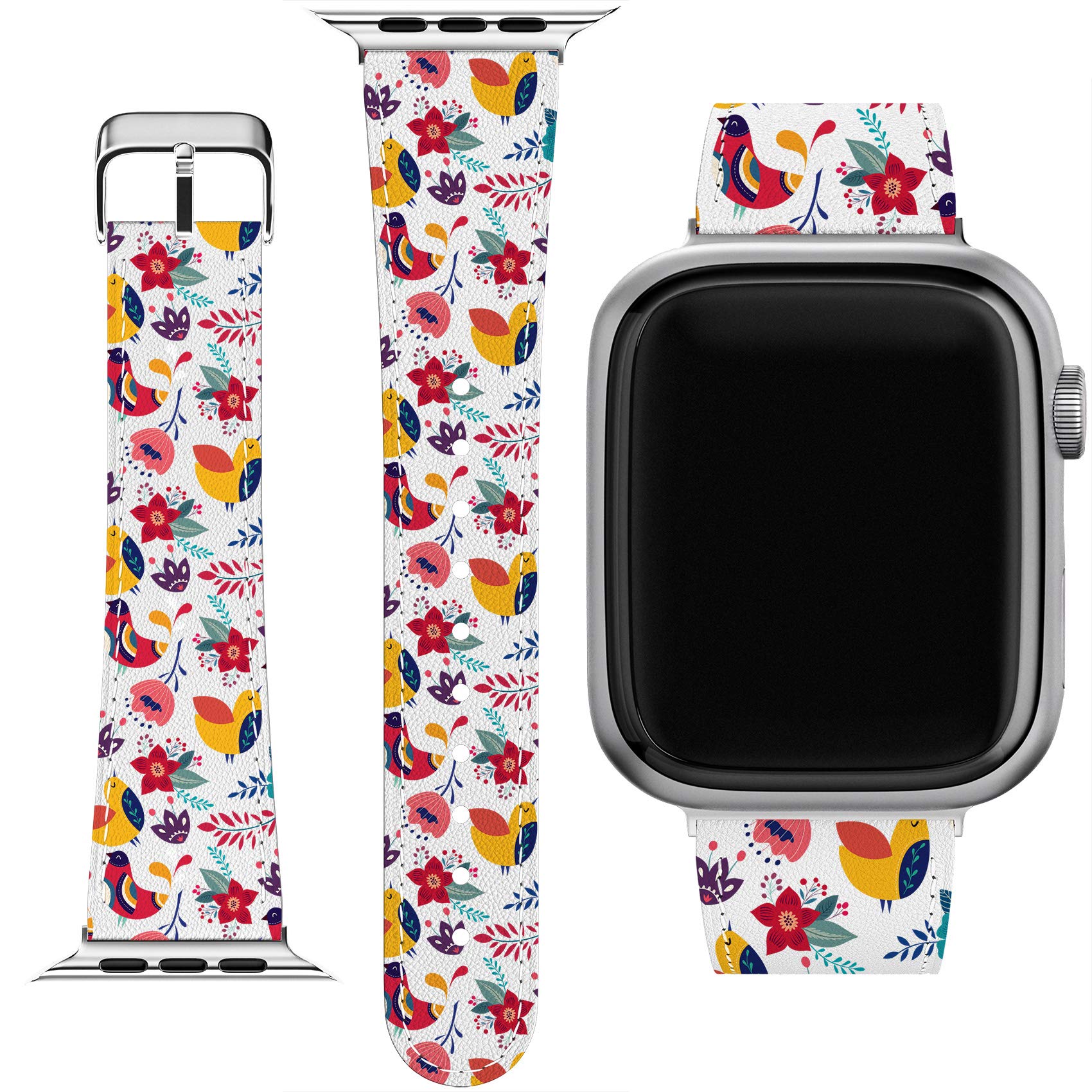Apple Watch Bands Compatible with Series 7/6/5/4/3/2/1/SE - Floral Bloom PU Leather Strap with Bird & Branch Design - 38/40/41/42/44/45mm - Perfect for Workouts, Office & Casual Wear