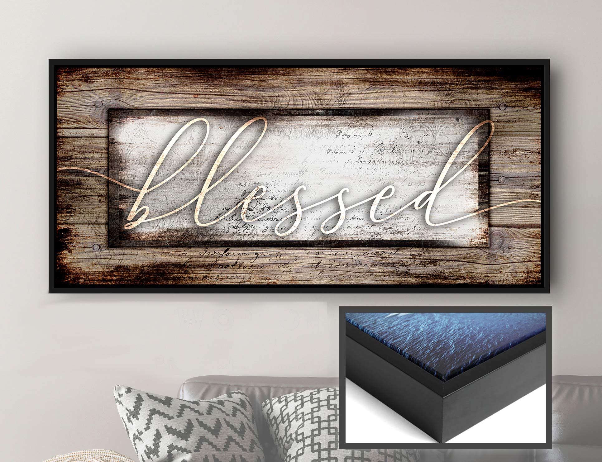 Blessed Sign Religious Wall Decor - Christian Framed Canvas Art with Floating Frame (42x19 Inches, Brown & Black) - Perfect for Living Room, Bedroom & Church Décor