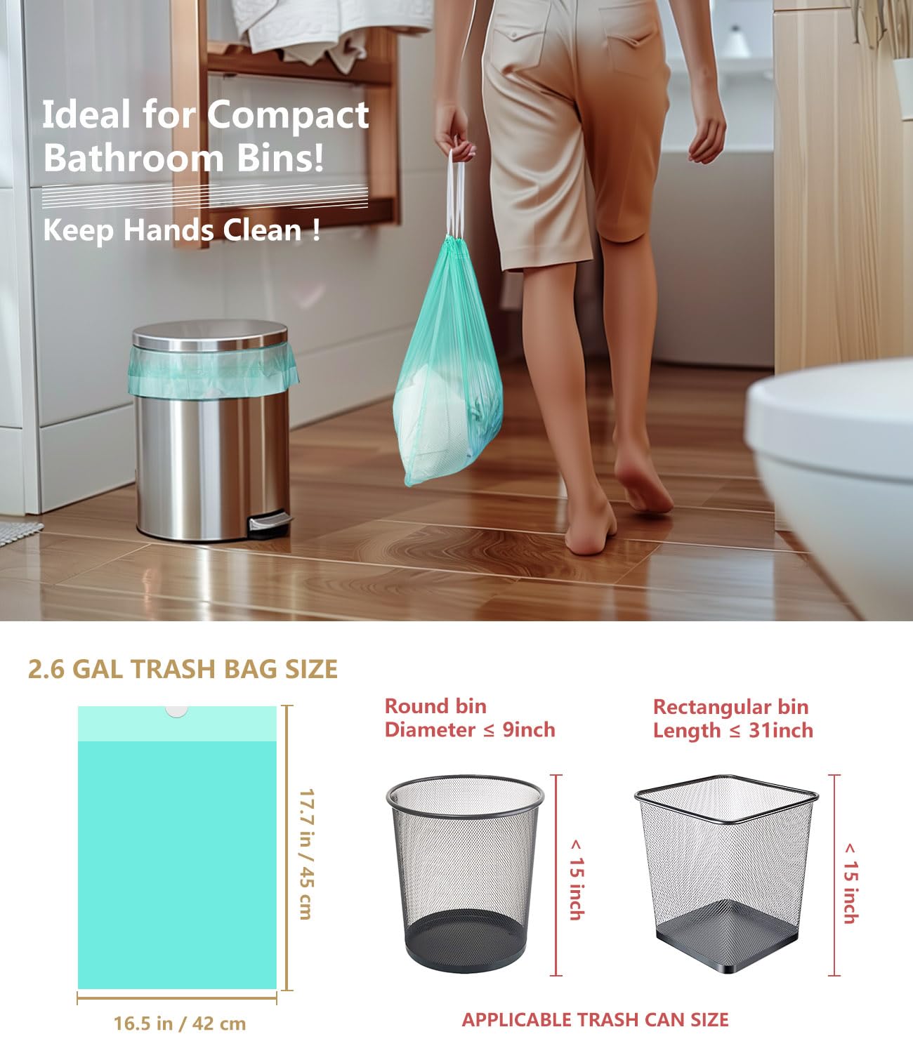 AYOTEE 2 Gallon Small Trash Bags with Drawstring - 50 Count Compostable Garbage Bags for Bathroom, Office, Pet Waste - Eco-Friendly Waste Basket Liners (Green) | Perfect for Small Bins, Kitchen Countertops & Diaper Disposal