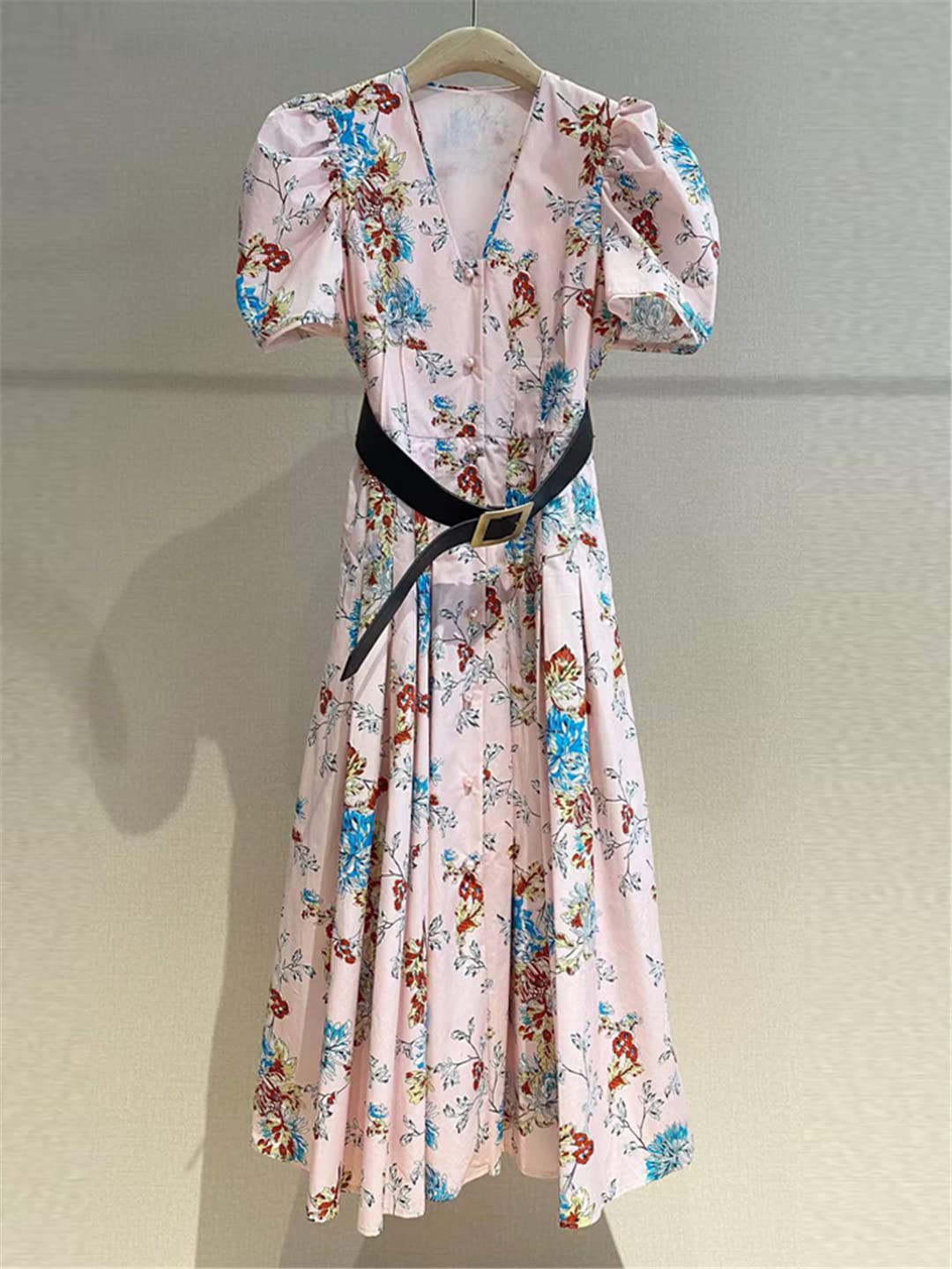 100% Cotton Women's Summer Dress 2023 - Designer Fashion Puff Sleeve V-Neck Floral Print Midi Belt Party Dress for Beach Vacation, Wedding Guest & Casual Outings
