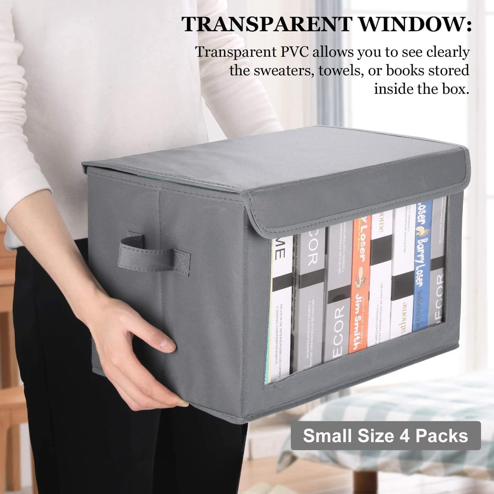 DIMJ Collapsible Storage Bins with Lids & Handles - 6 Pack Fabric Closet Organizer Baskets with Clear Windows, Light Grey Medium Size | Perfect for Linen Closets, Shelves & Home Organization