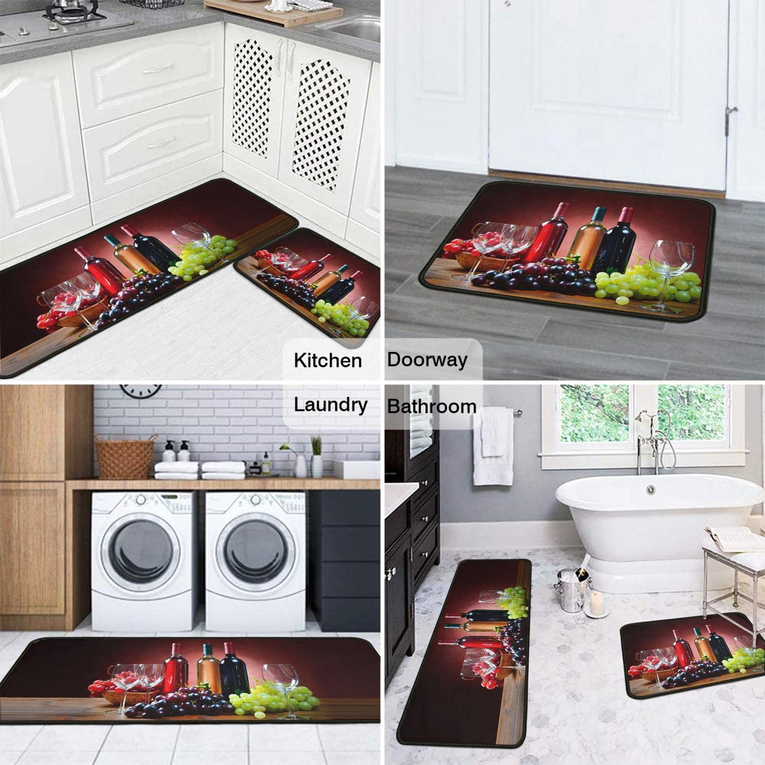 2-Piece Non-Slip Washable Microfiber Kitchen Rug Set - 3D Wine Glass Design Absorbent Floor Mat (17