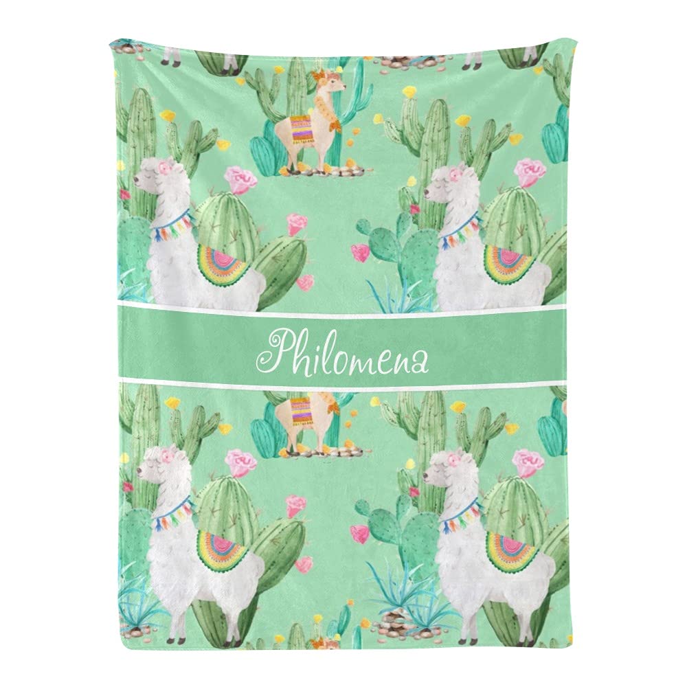 Personalized Green Llama and Cactus Baby Blanket - Custom Name Fleece Nursery Throw for Boys & Girls - 30