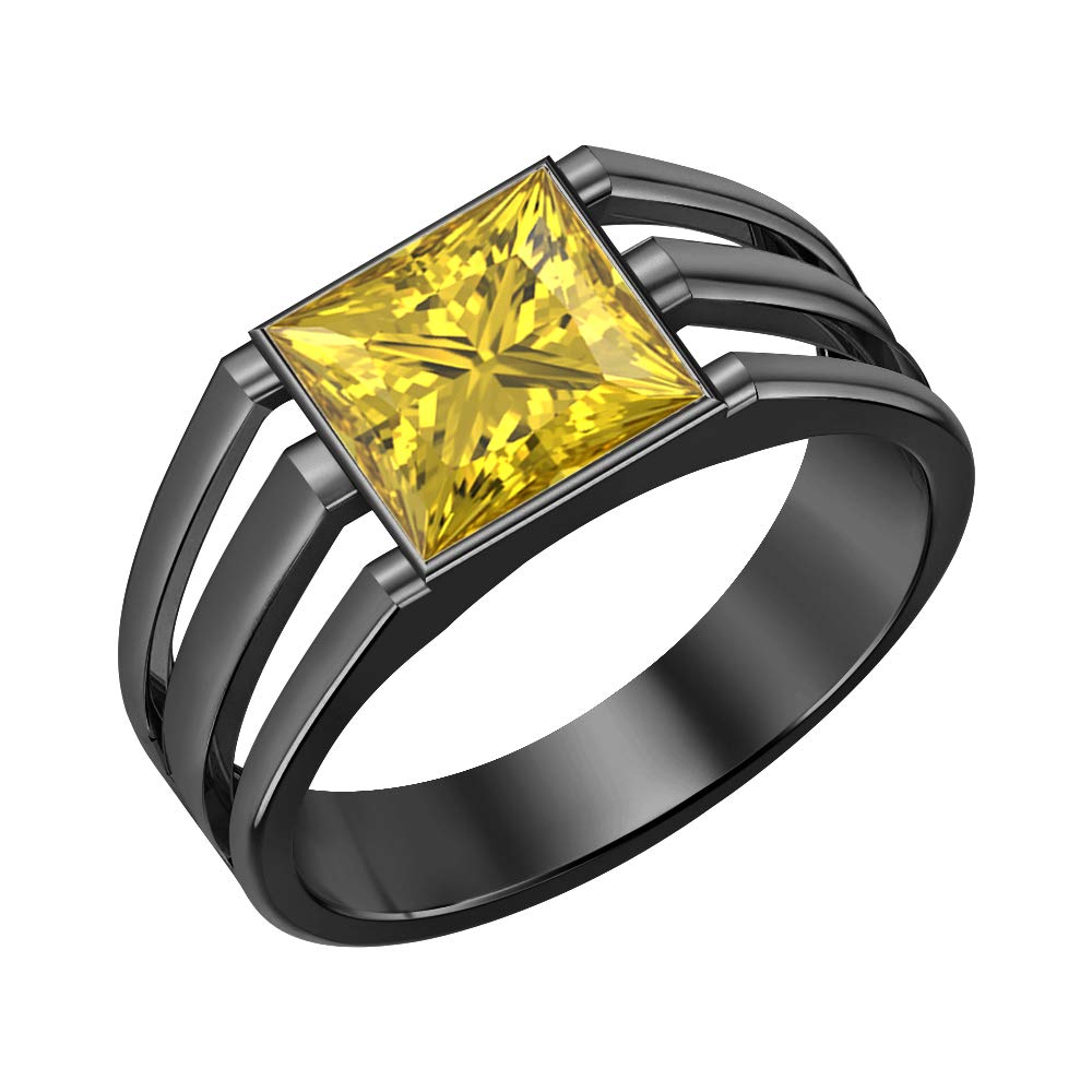 14K Black Gold Plated Solitaire Princess Cut Yellow Sapphire Men's Wedding Band & Engagement Ring - Perfect for Proposals, Anniversaries & Special Occasions