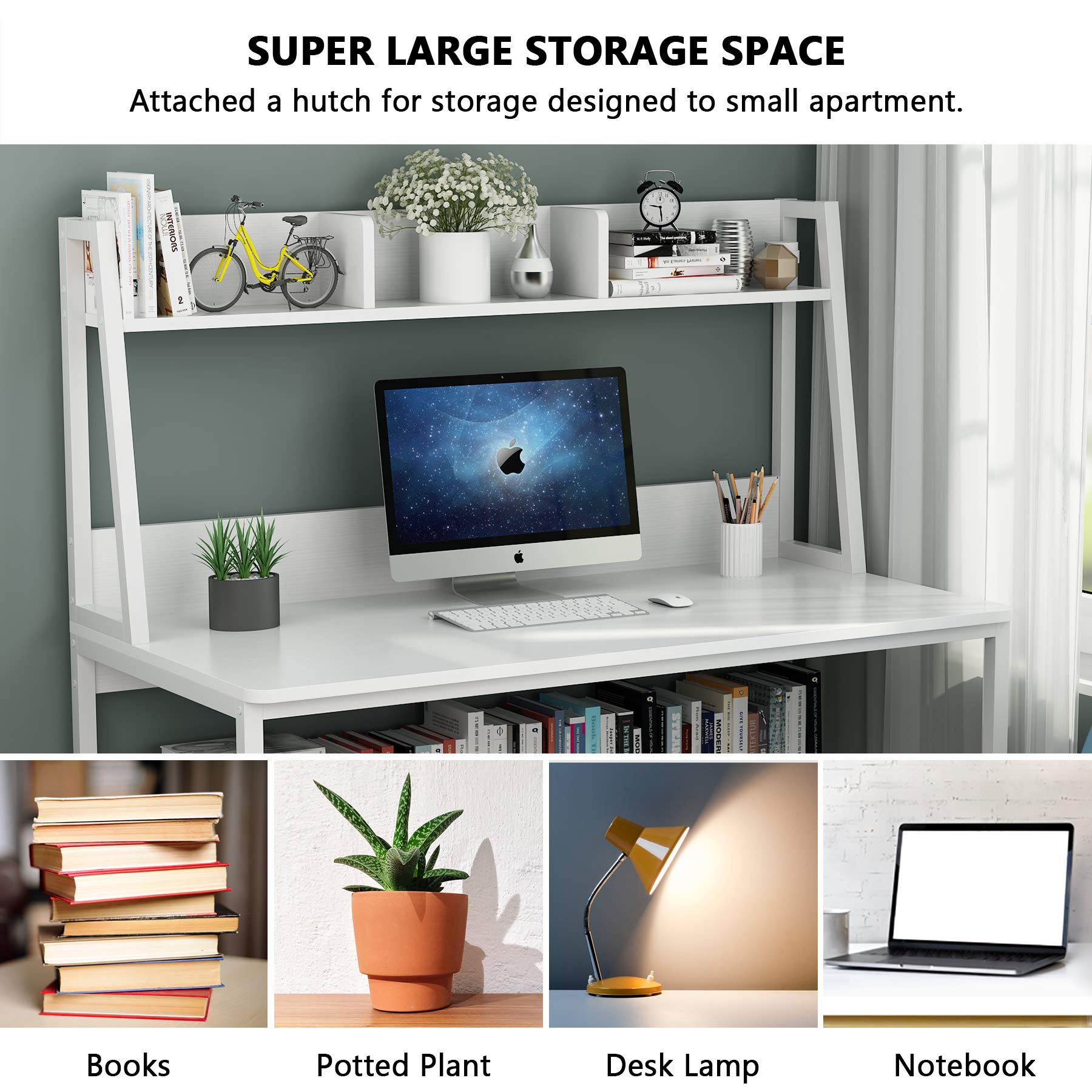 Tribesigns 47 Inch Modern Computer Desk with Hutch & Bookshelf - Sturdy Home Office Desk for Work, Study & Writing - Space Saving All White Workstation for Small Spaces & Apartments