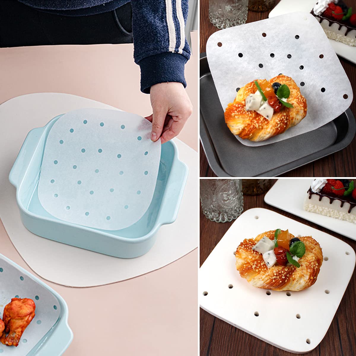 200PCS Air Fryer Parchment Paper - Perforated Steam Paper for Air Fryer, Steaming Basket, Baking & Oven - 8.5 Inch Square White Bamboo Steamer Paper - Perfect for Healthy Cooking, Meal Prep & Party Snacks