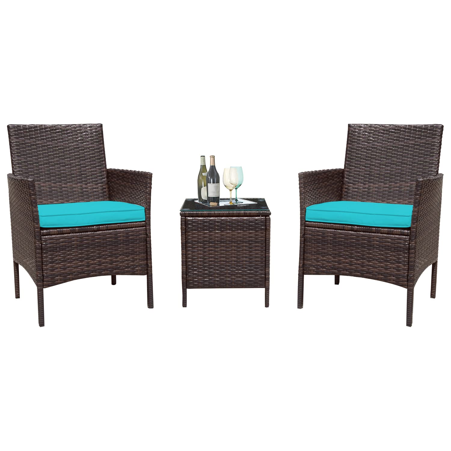 Flamaker 3-Piece Outdoor Patio Furniture Set - All-Weather Wicker Rattan Conversation Bistro Set with Side Table & Cushions for Balcony, Deck, Porch, Garden (Blue) - Perfect for Relaxing, Entertaining & Outdoor Dining