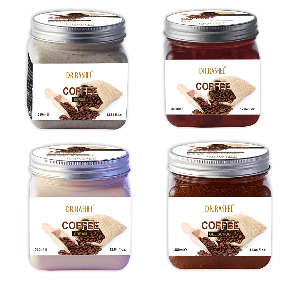 DR.RASHEL Vitamin C Brightening Coffee Scrub & Gel Combo Pack of 4 – Dark Circle Treatment, Face Cream & Exfoliating Gel Scrub for Glowing Skin – Perfect for Morning Routine & Spa Night Self-Care