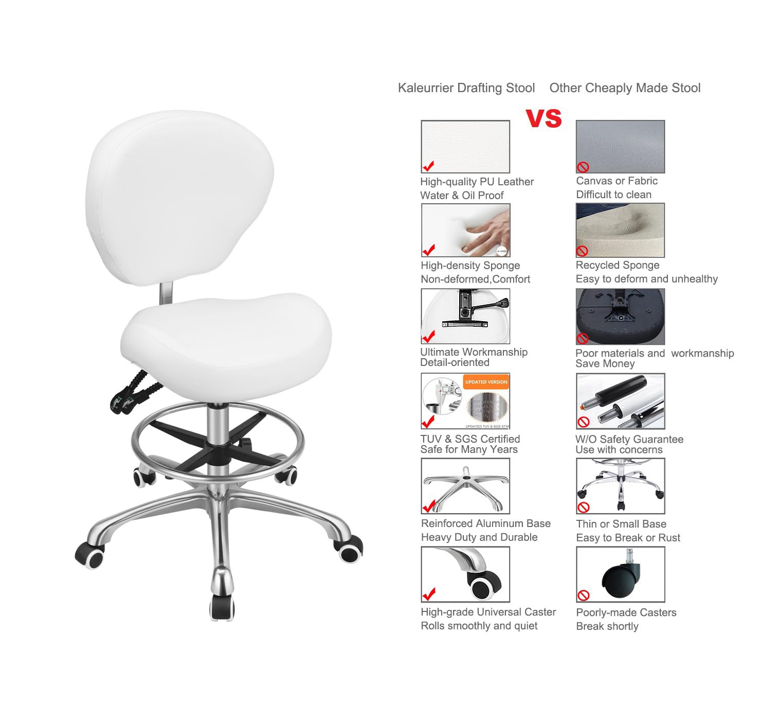 Adjustable Height Drafting Stool with Backrest & Footrest - Swivel Rolling Office Chair for Work, Studio, Dental, Salon & Kitchen - Ergonomic Home Desk Chair (White) - Perfect for Artists, Designers & Professionals