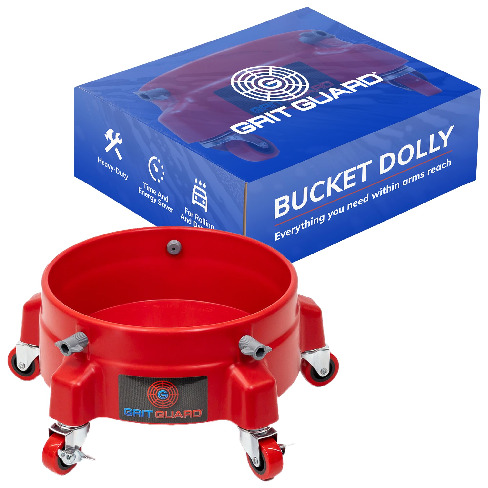 GRIT GUARD Heavy Duty Rolling Wash Bucket Dolly - 5-Wheel Mobile Detailing Cart with 2 Locking Casters for 2.5-6 Gallon Buckets (Red) - Perfect for Car Washing, Auto Detailing & Mobile Cleaning Services