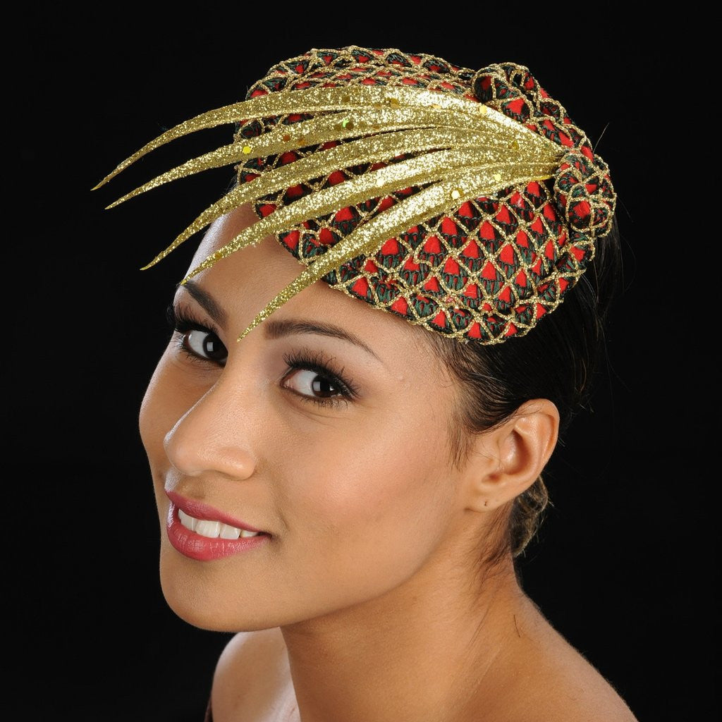 Elegant Red Fascinator Hat with Green & Gold Fabric - Perfect for Weddings, Tea Parties & Special Occasions