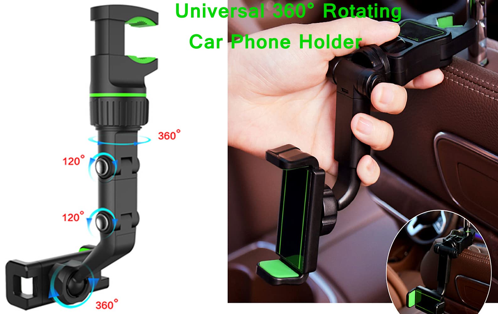 Universal 360° Adjustable Car Mount Phone Holder - 2 Pack Green Multifunctional Pop Rearview Mirror & Desk Stand for Smartphones & GPS - Perfect for Road Trips, Commuting & Hands-Free Navigation