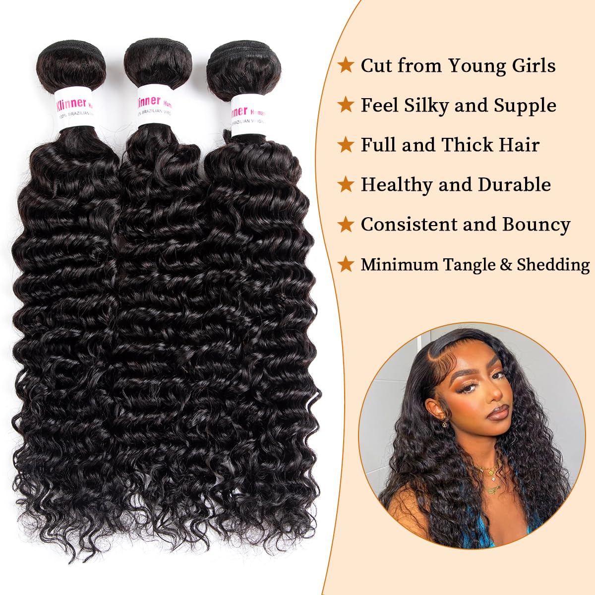 12A Deep Wave Human Hair Bundles 22 24 26 Inch - 100% Unprocessed Virgin Human Hair Extensions for Weaving & Styling - Natural Black Color (300g) - Perfect for Daily Wear, Parties & Special Occasions