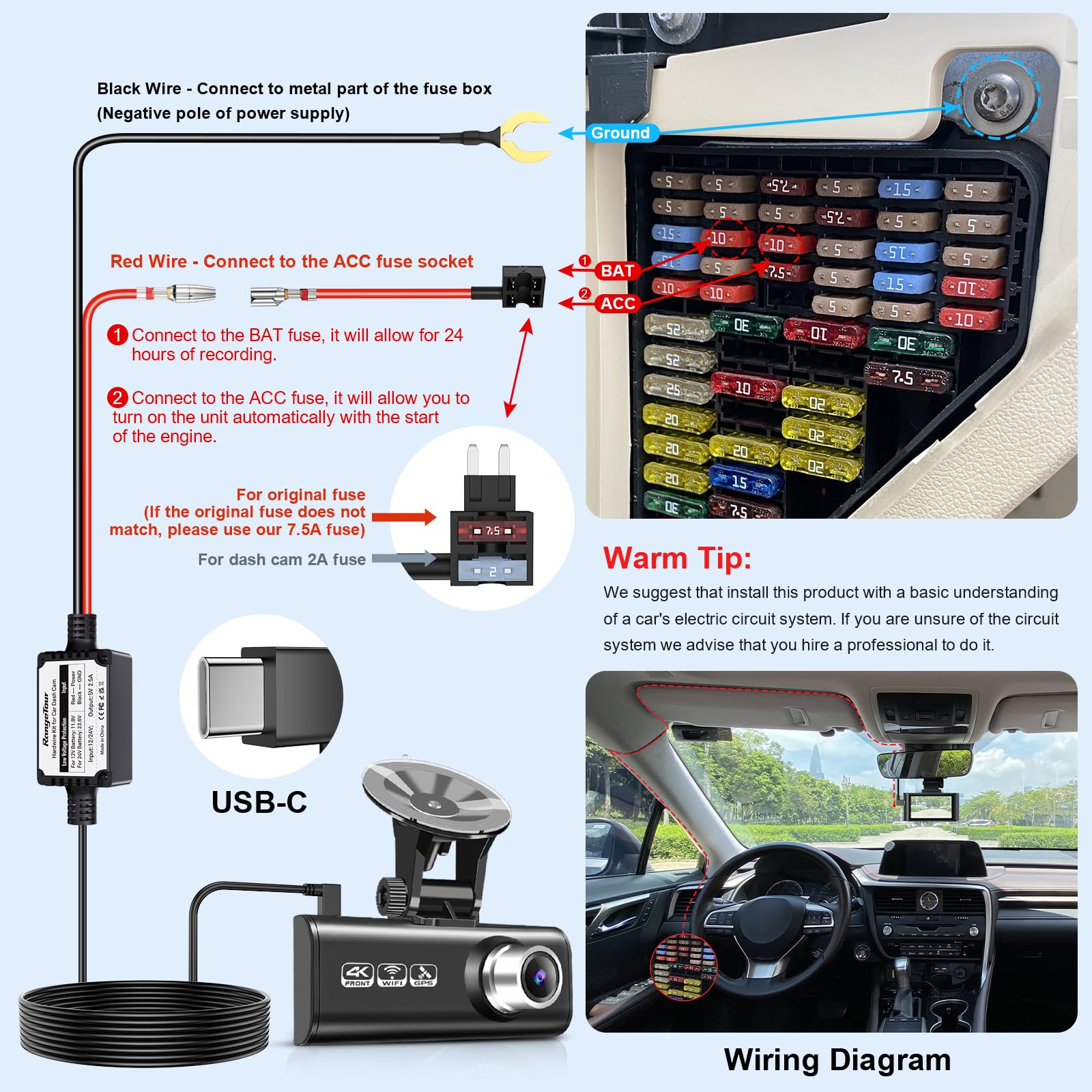 Premium USB-C Hardwire Kit for Dash Cam - 12V/24V to 5V 2.5A Power Cord with 4 Adapters & 3 Fuses - 4m Car Charger Cable for Dashcam, GPS & Car Electronics - Perfect for Continuous Recording & Parking Mode