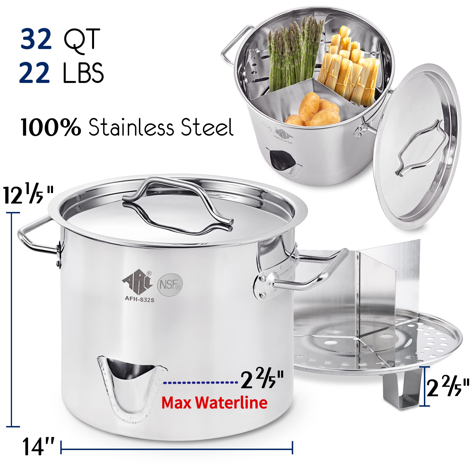 32QT Stainless Steel Tamale Steamer Pot with Easy-Fill Water Spout - Seafood Crab Steamer with Divider & Steamer Rack - 8 Gallon Capacity for Tamales, Seafood Boils, Vegetables & Large Batch Cooking
