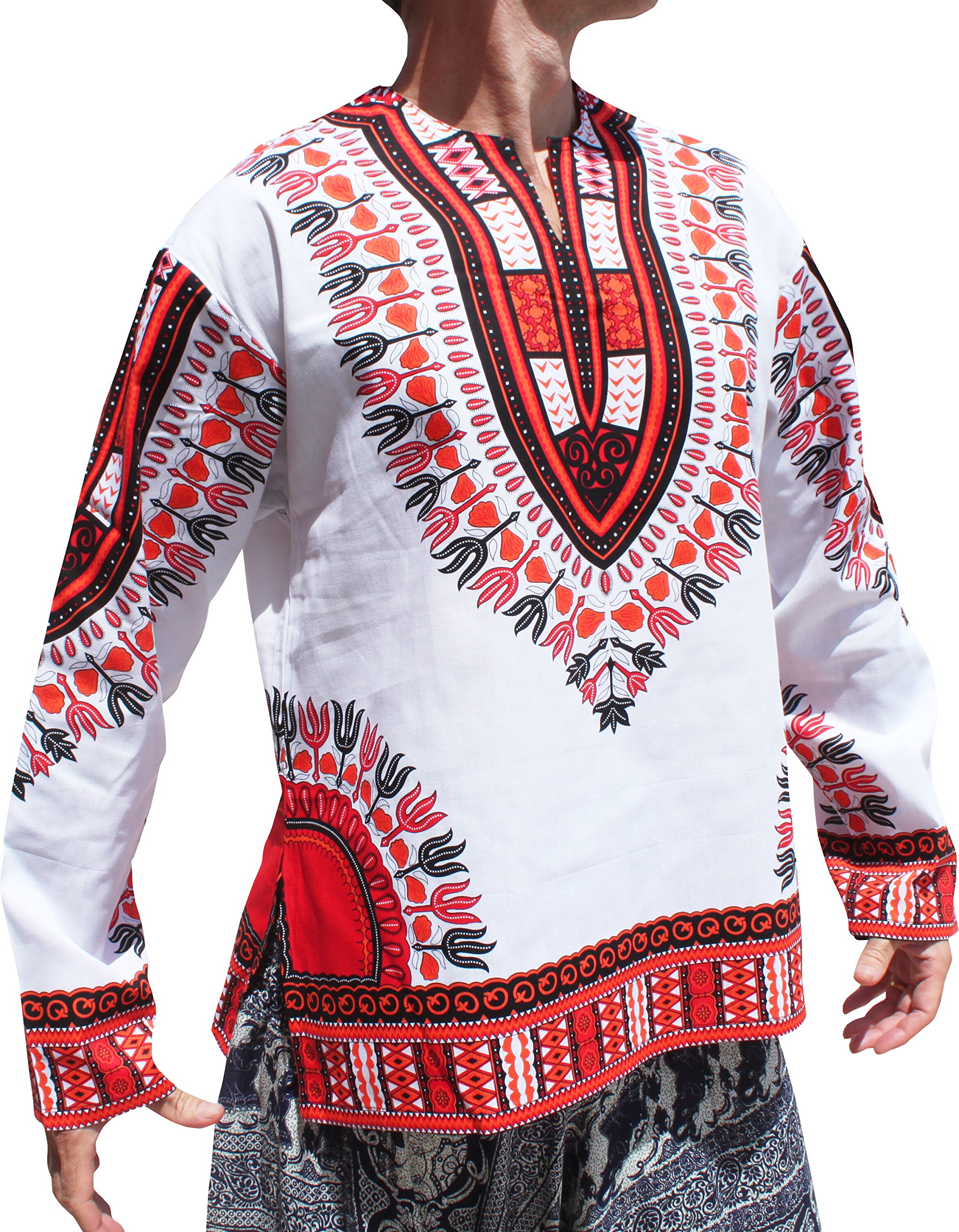 RaanPahMuang African Dashiki Print Open Collar Long Sleeve Shirt - Traditional Afrocentric Dancewear for Men & Women | Perfect for Cultural Festivals, Performances and Casual Wear