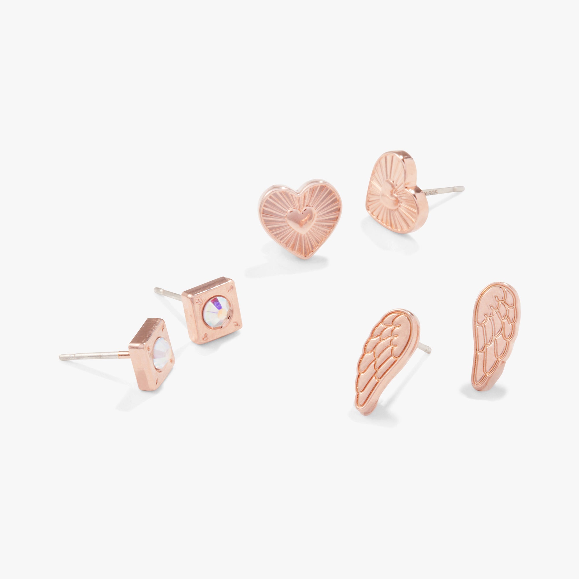 Angel Wing Heart Earrings - Set of 3 Dainty Silver Stud Earrings for Women, Perfect for Valentine's Day Gifts, Anniversary, or Everyday Wear