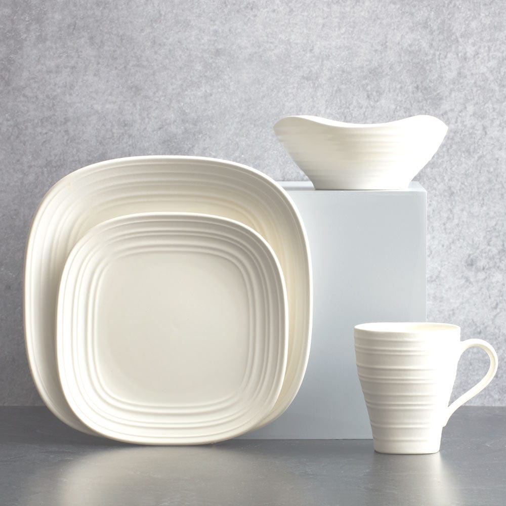 16-Piece White Square Dinnerware Set - Service for 4, Modern Swirl Design for Everyday Dining & Entertaining | Dishwasher & Microwave Safe