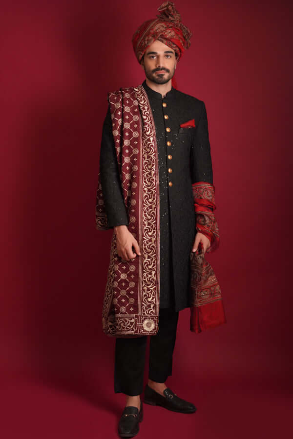 Elegant Jet Black Turkish Mughal Hybrid Artwork Sherwani for Men | Traditional Wedding & Festive Sherwani Outfit | Perfect for Weddings, Eid & Special Occasions