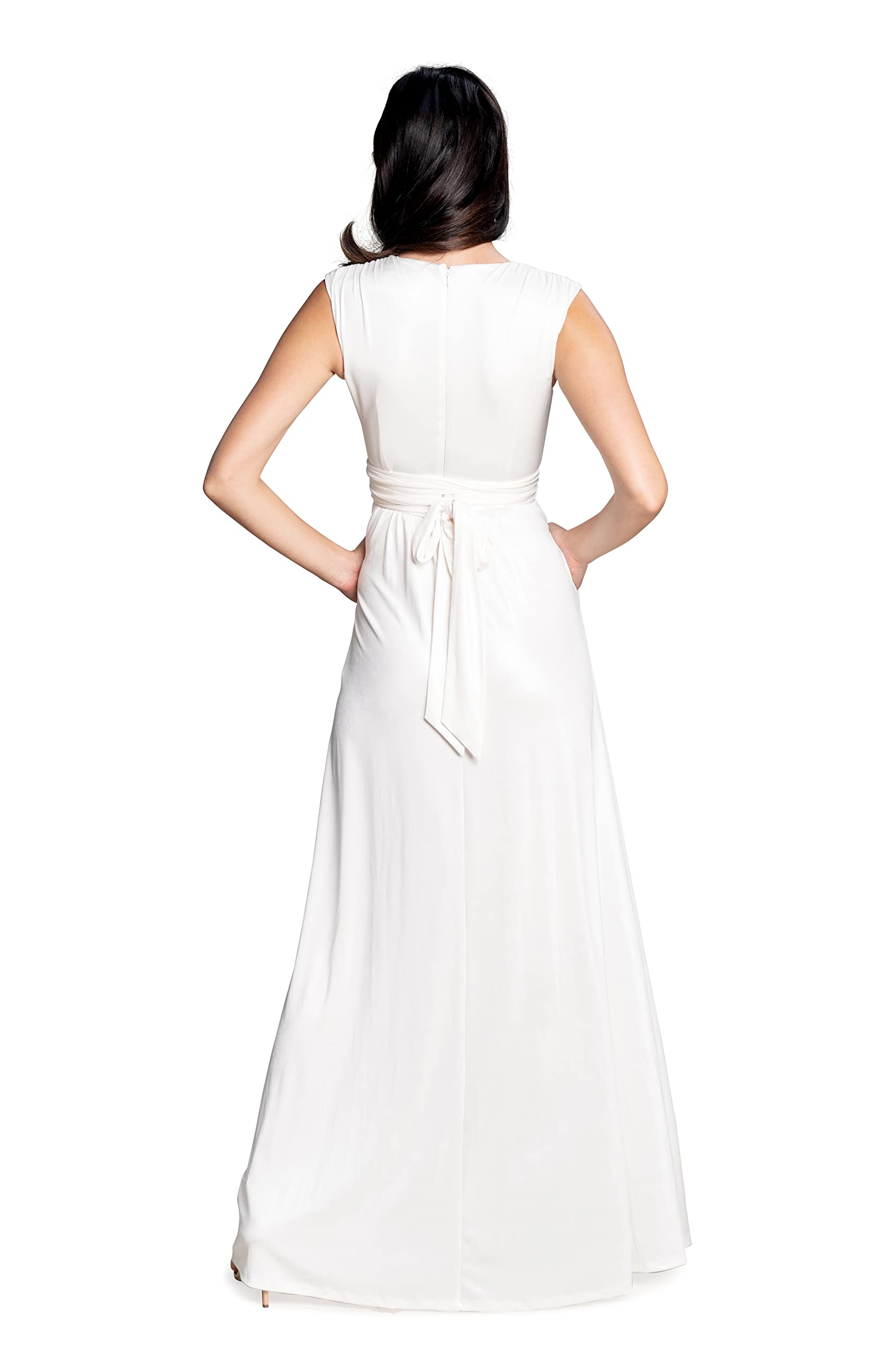 DRESS THE POPULATION Women's Krista V-Neck Tie Waist Coated Jersey Slit Front Maxi Dress | Elegant Formal & Cocktail Party Wear | Wedding Guest & Evening Gown
