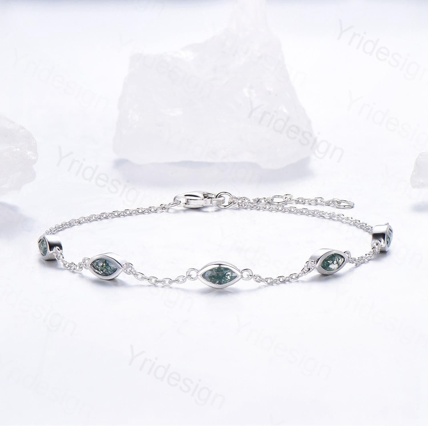 Handmade Marquise Cut Moss Agate Bracelet - Minimalist Bezel Set Green Agate Jewelry, Elegant Stackable Bangle for Women | Perfect Anniversary Gift, Boho Chic Style for Everyday Wear & Special Occasions