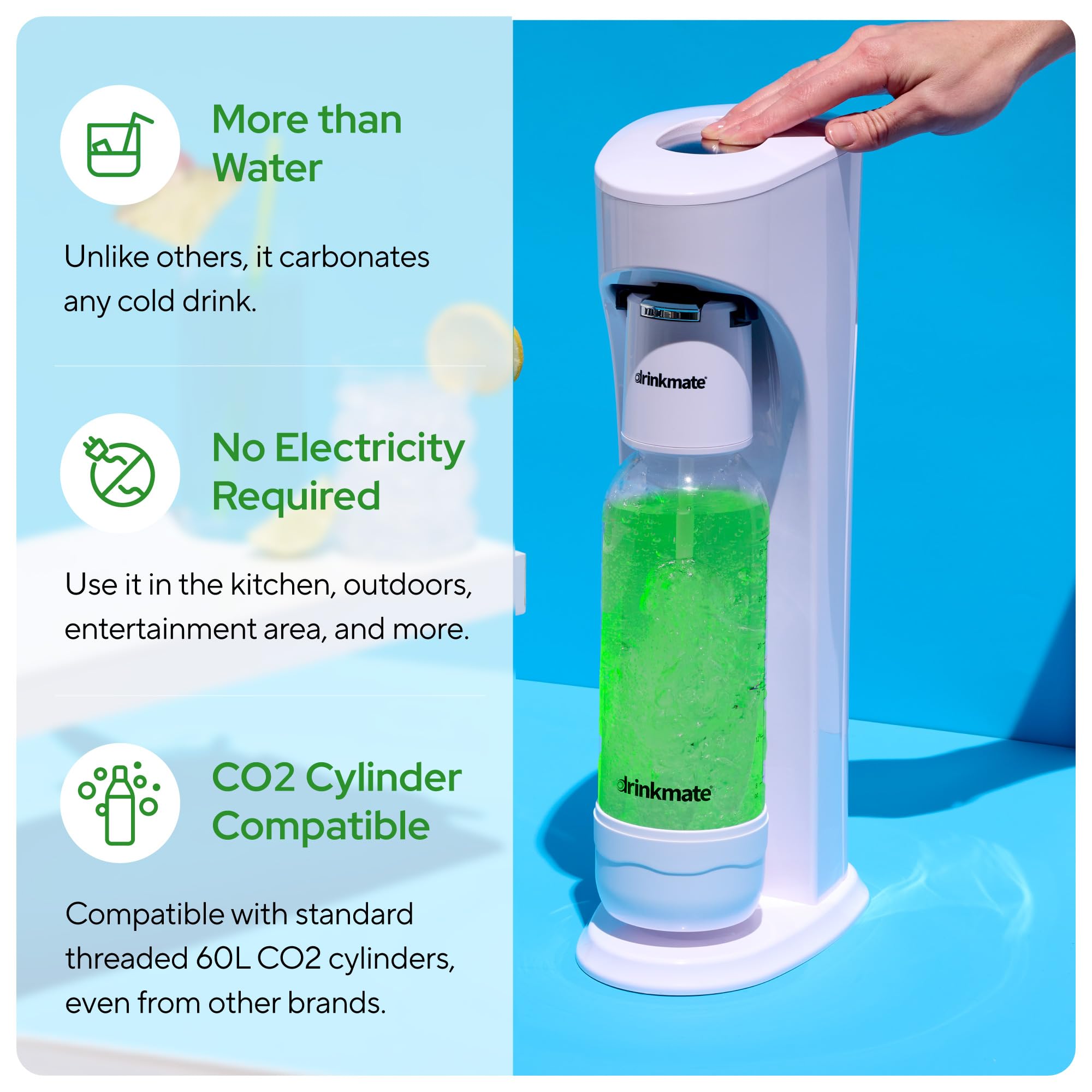 Drinkmate OmniFizz Sparkling Water & Soda Maker Machine - Carbonates Any Beverage with 60L CO2 Cylinder, 2 Carbonation Bottles & Fizz Infuser (Classic White) | Perfect for Home, Office & Parties | Make Healthy Sparkling Water, Soda, Cocktails & Flavored Drinks