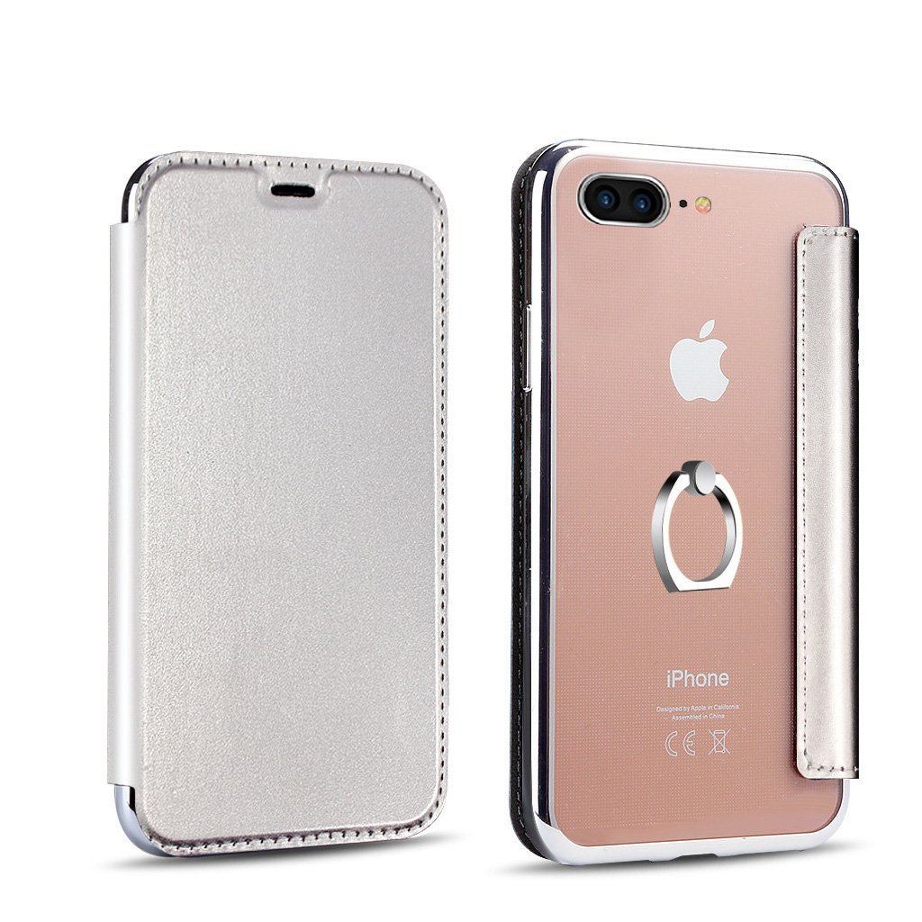 PHEZEN Luxury iPhone 7/8 Flip Wallet Case - Premium PU Leather with Transparent TPU Back, Ring Holder & Kickstand (Silver) | Perfect for Business, Travel & Everyday Protection