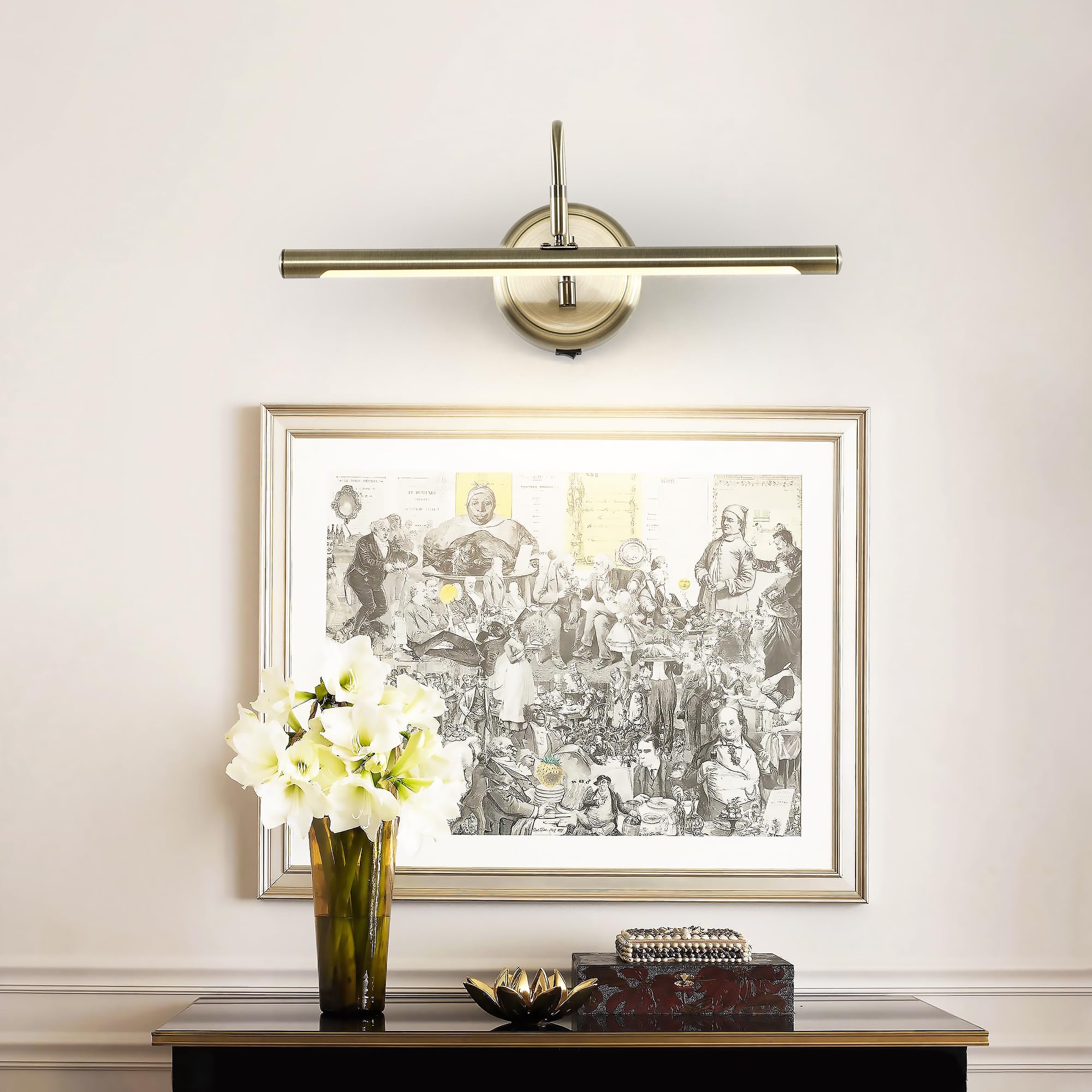 JOOSENLUX Modern Wall Lights - Battery Operated Antique Bronze Wireless Picture Lighting (16.5 Inch) - Dimmable Under Cabinet Lights for Kitchen with Swing Arm - CRI95+ Wall Sconce for Canvas Art & Home Decor | Perfect for Gallery Walls, Bedroom Accent Lighting & Kitchen Task Illumination