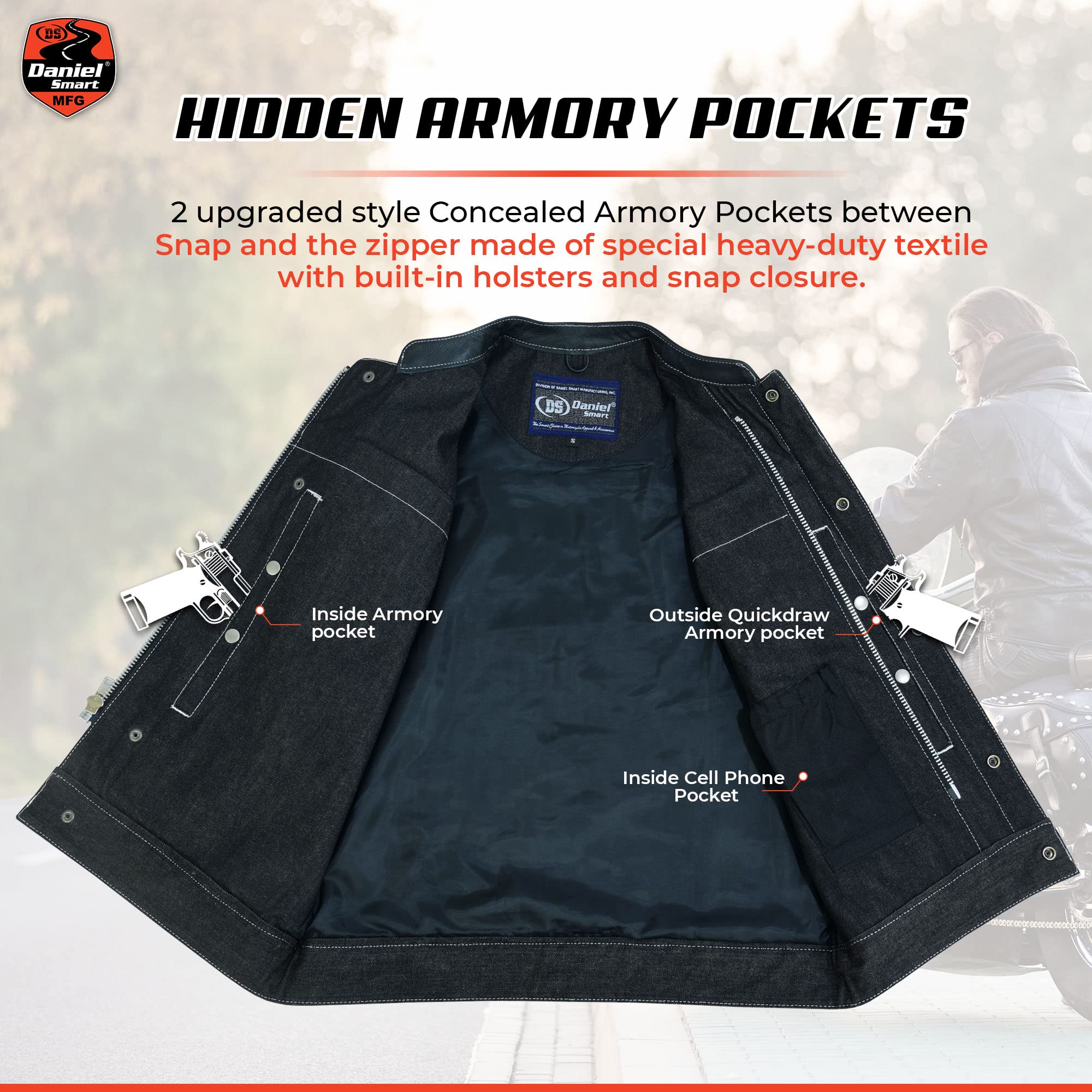 Daniel Smart Biker Vest for Men - Black Denim Motorcycle Vest with Leather Trim & Hidden Weapon Pocket | Riding Gear for Harley Davidson & Cruiser Bikes | Outdoor Adventure & Urban Style