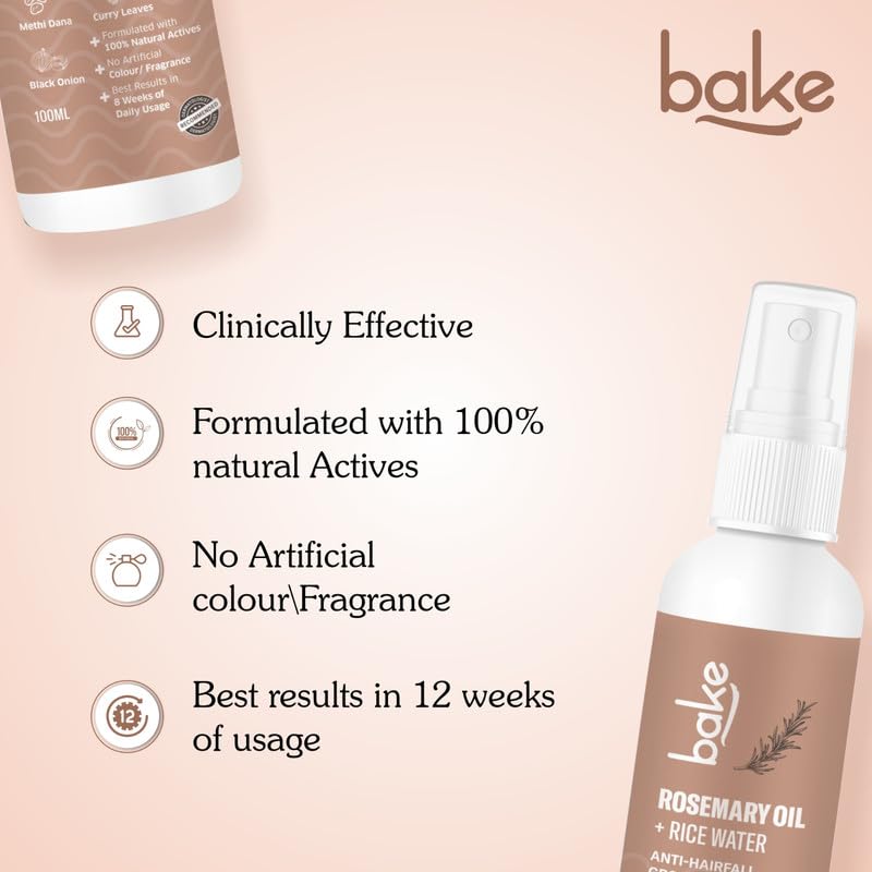 BAKE Rosemary Oil Hair Growth Serum Spray with Rice Water & Fenugreek Seed | Stops Hair Fall, Promotes Regrowth & Repairs Keratin Treated Hair | Strengthens Hair Follicles for Women & Men | 100ml | Perfect for Daily Hair Care & Scalp Treatment at Home