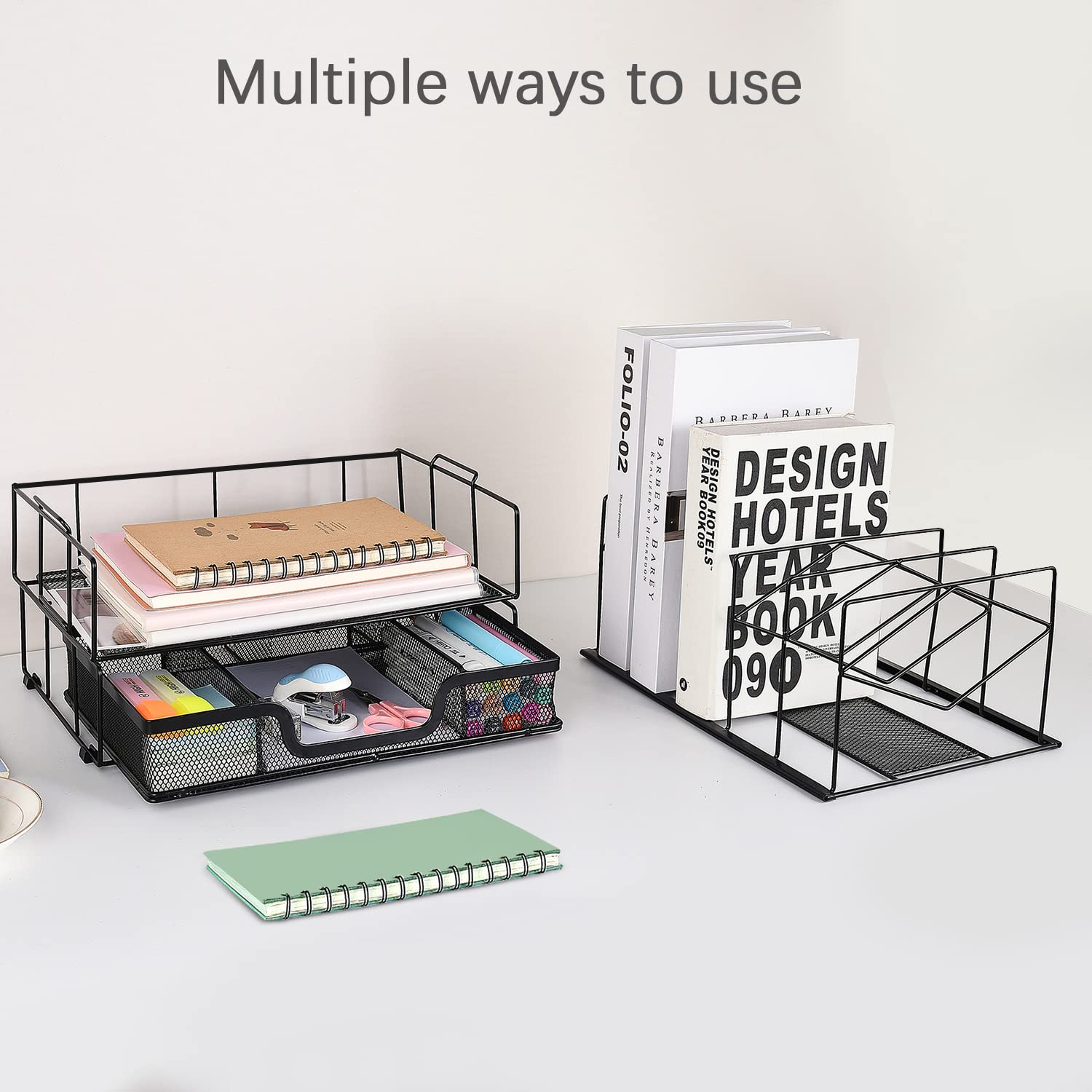 Gianotter Black Desk Organizer with Sliding Drawer, Double Tray & 5 Upright Sections - Office Supplies for Home & Office Workspace - Perfect for Organizing Pens, Papers, Files & Stationery