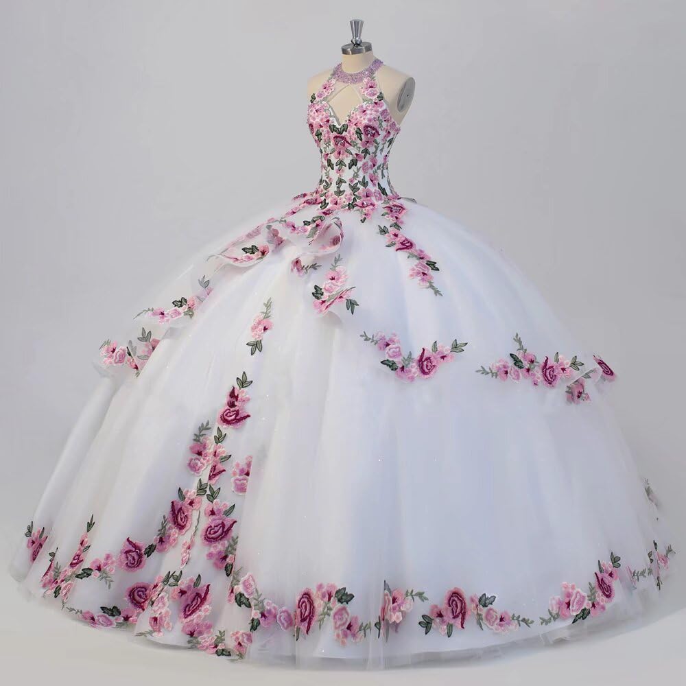 Elegant White A-Line Tulle Wedding Dress with Floral Appliques - Halter Neck Bridal Gown for Quinceañera & Special Occasions | Perfect for Beach Weddings, Garden Ceremonies, and Formal Events