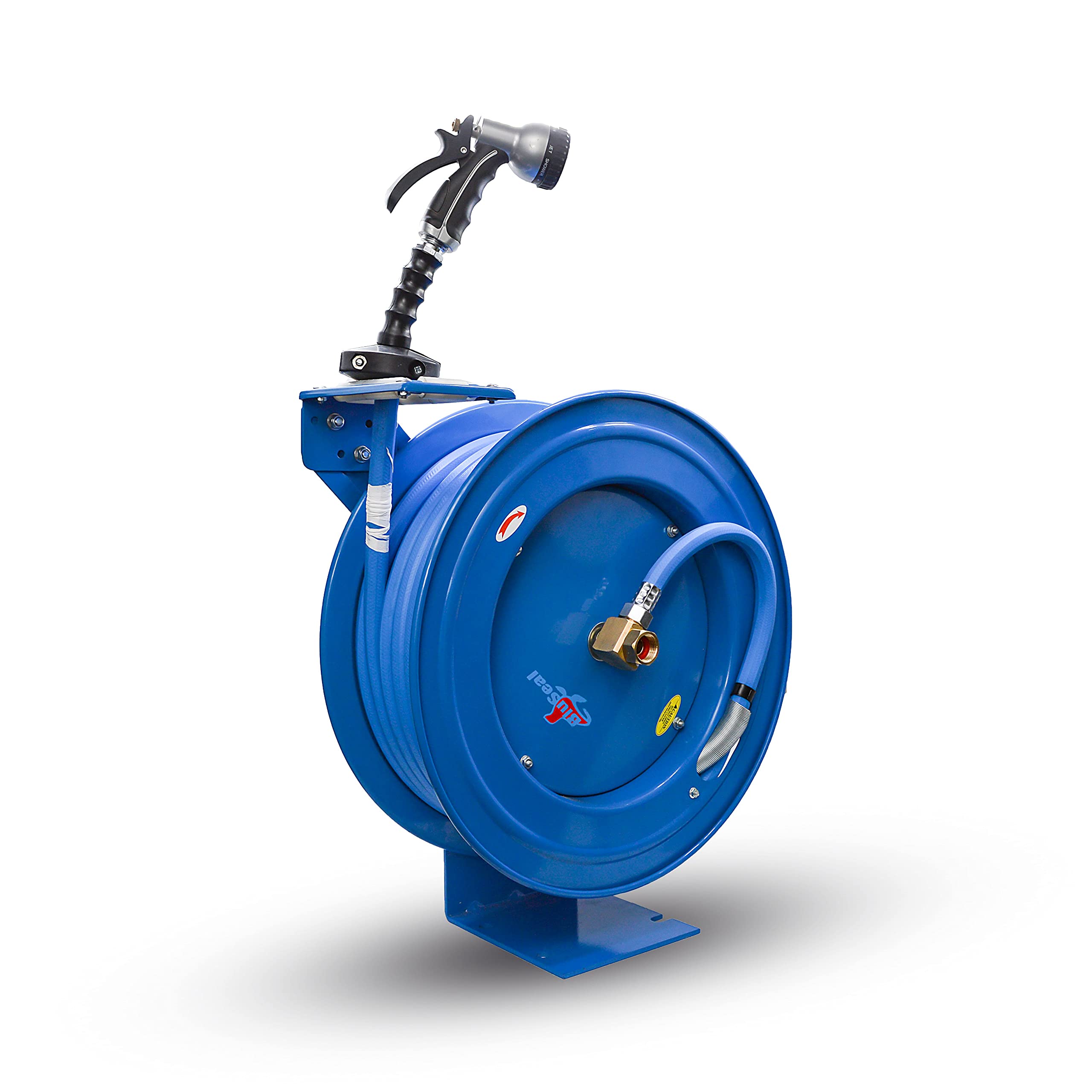 BLUSEAL BSWR5850 50-Foot Retractable Garden Hose Reel with BLUBIRD HRS3812 Universal Swivel Mount - Heavy Duty Water Hose Storage for Lawn, Yard & Outdoor Cleaning (Patio, Car Washing, Gardening)