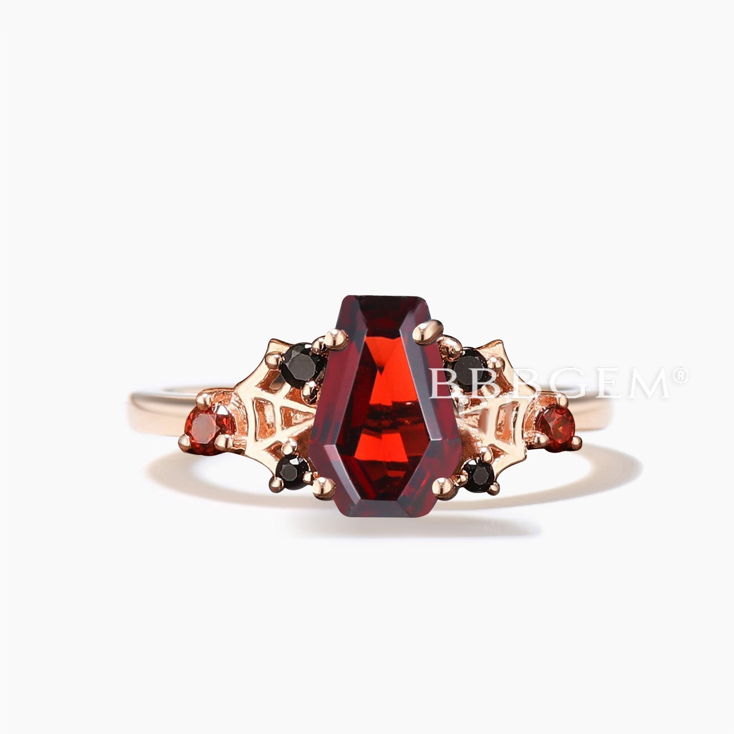 Gothic Wedding Ring for Women - Natural Garnet & Black Diamond Engagement Ring - Unique Spider Coffin Design - Perfect for Goth, Alternative, and Halloween Jewelry Lovers