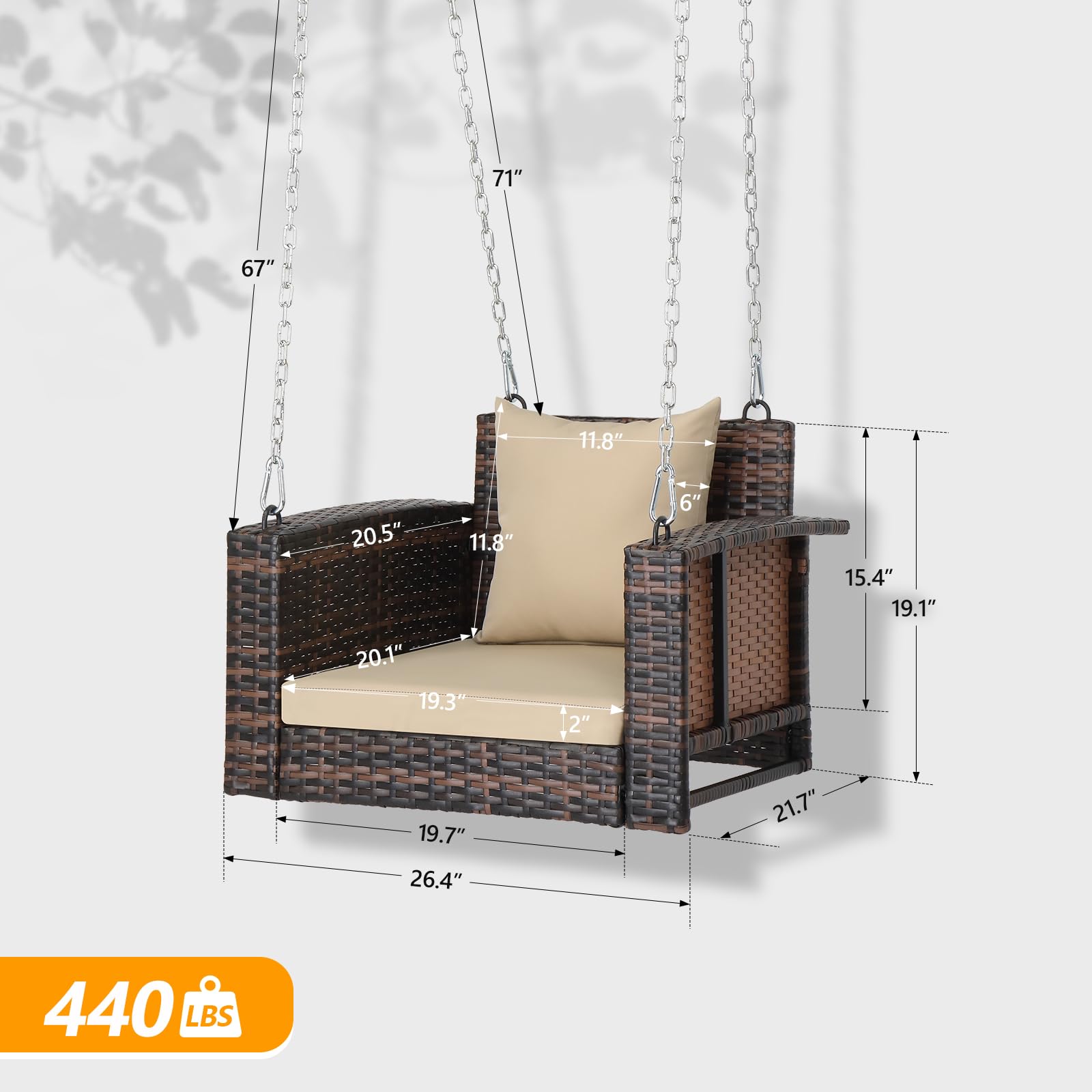 Outvita 2FT Hanging Porch Swing for Adults - Square Wicker Patio Swing with Cushion & Pillow, 440lbs Weight Capacity (Brown & Khaki) - Perfect for Garden, Backyard, and Outdoor Relaxation