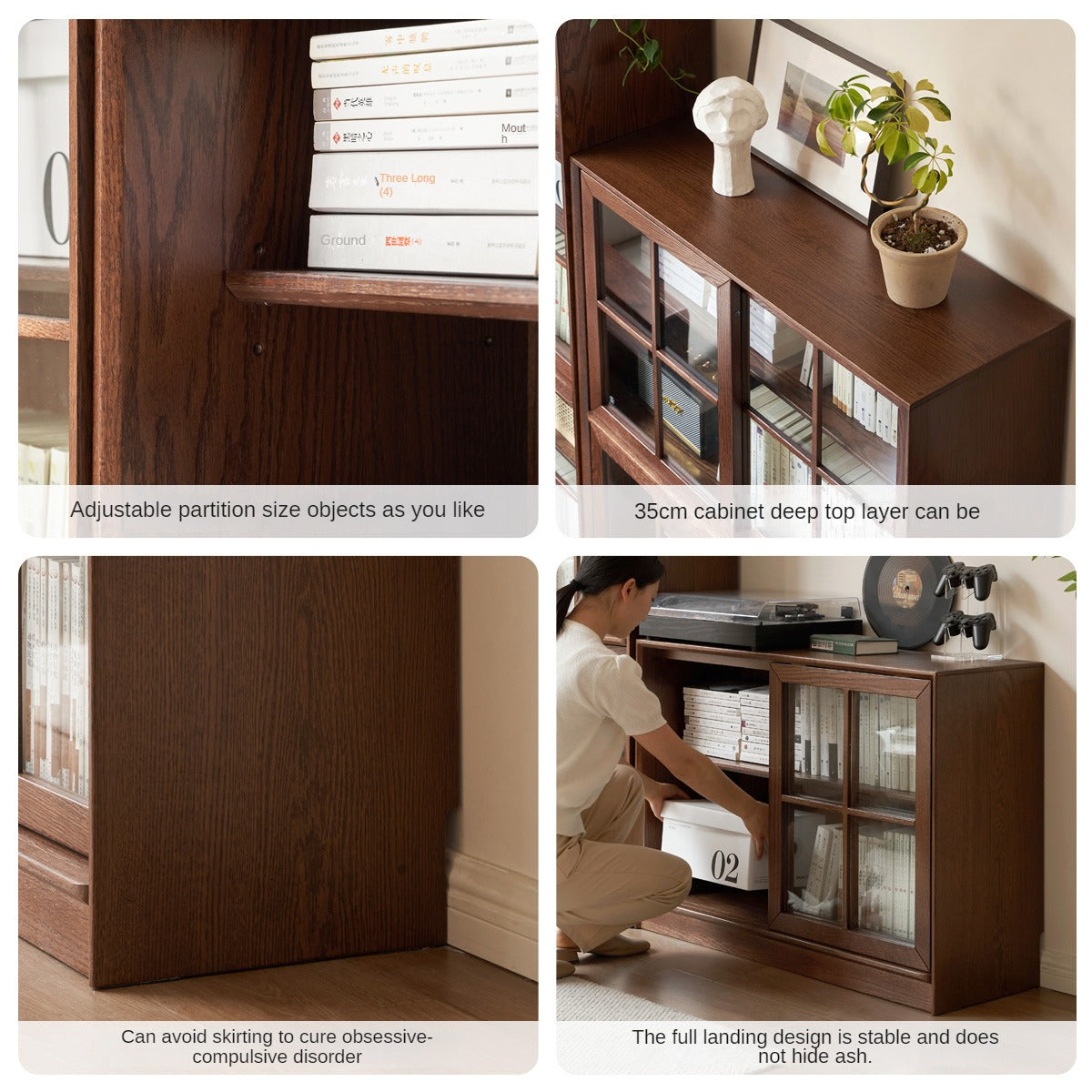Solid Oak Wood Sliding Door Bookcase - Rustic Bookshelf for Living Room, Bedroom, or Home Office Storage