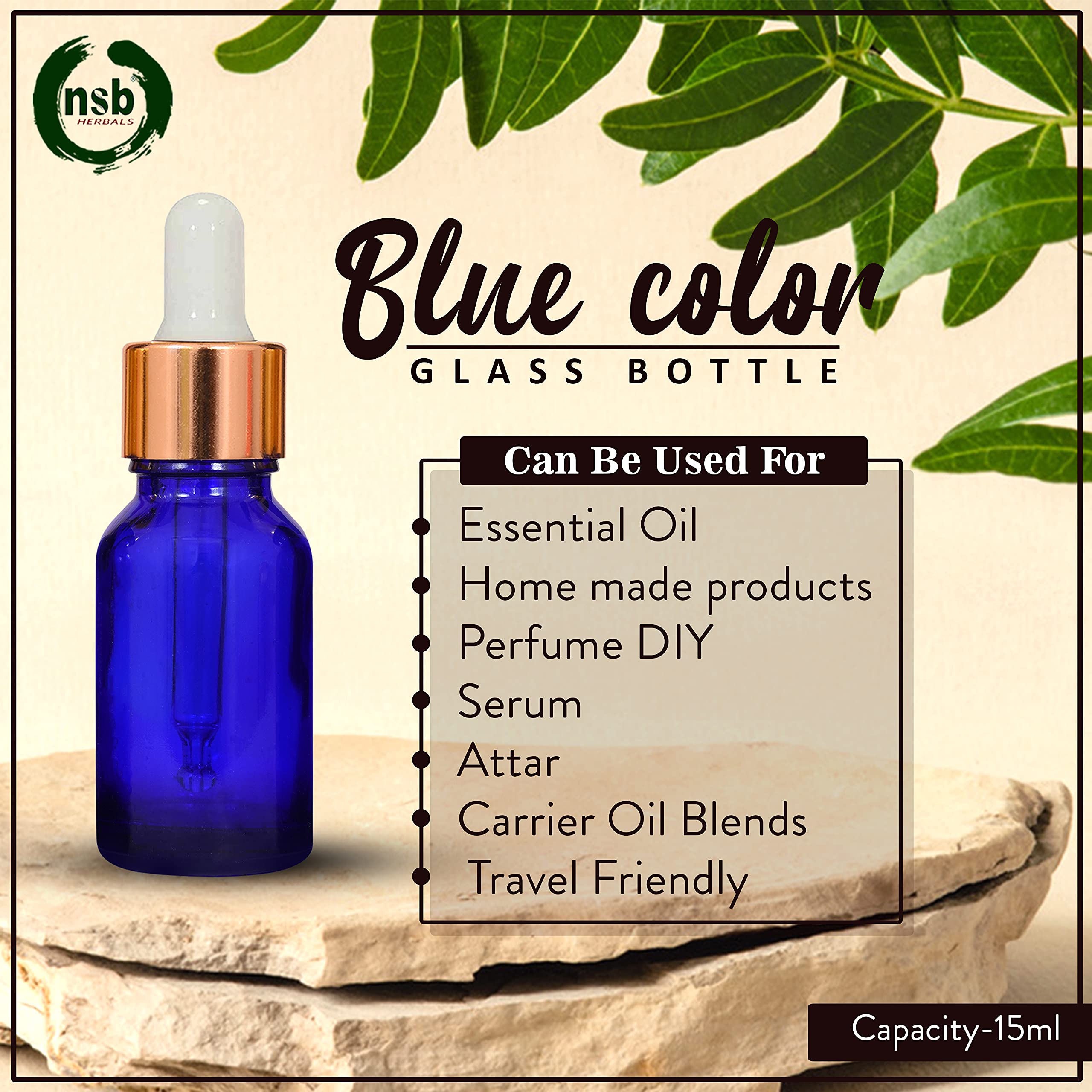 NSB Herbals 15ml Blue Round Empty Glass Bottle with Glass Dropper, Gold Ring & Silicone White Teat - Refillable, Reusable, Leak Proof for Essential Oils, DIY Perfumes, Face Serums & Aromatherapy Blends (Pack of 3) - Perfect for Travel, Gifts & Home Spa Use