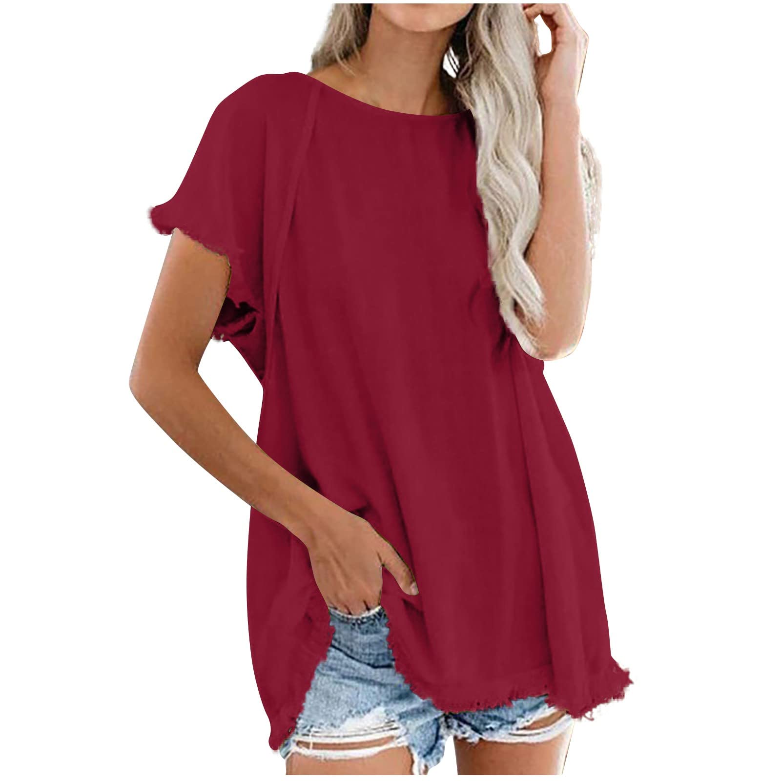 Trendy Women's Summer Casual Tassel Round Neck Short Sleeve Cotton T-Shirt - Solid Blue Top for Beach, Vacation & Everyday Wear