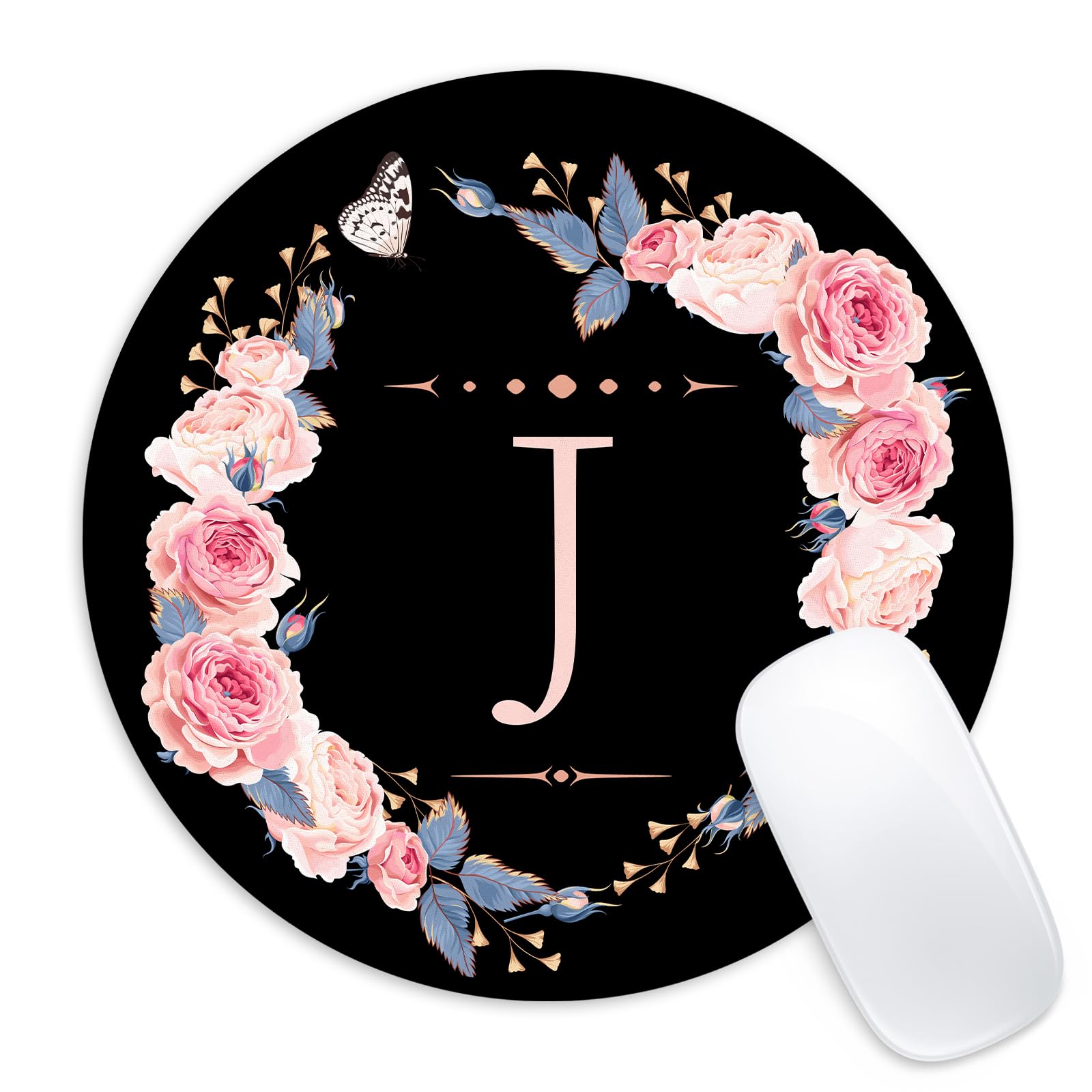 Black and Pink Floral Letter J Round Mouse Pad - Non-Slip Rubber Base, 8.7 Inch Cute Office Desk Accessory for Home & Work Computer Setup | Perfect Gift for Gamers and Professionals
